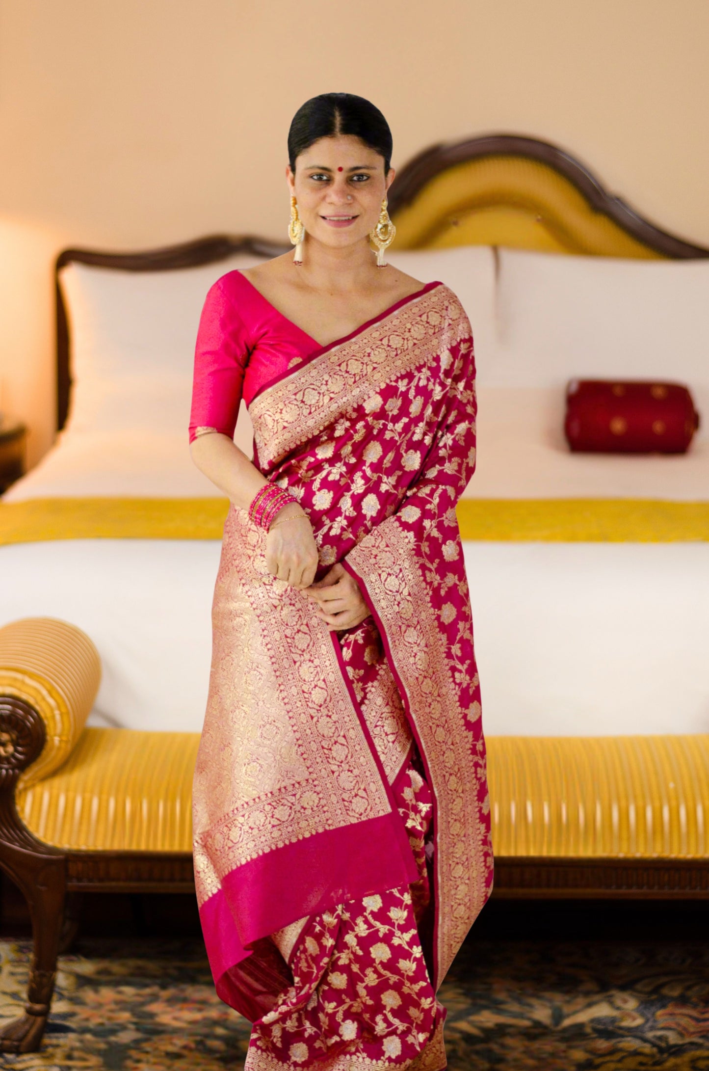 Magenta Colour Pure Meenakari /Silver Alfi Jangle Weaving Handloom Katan Mulbery Silk Saree