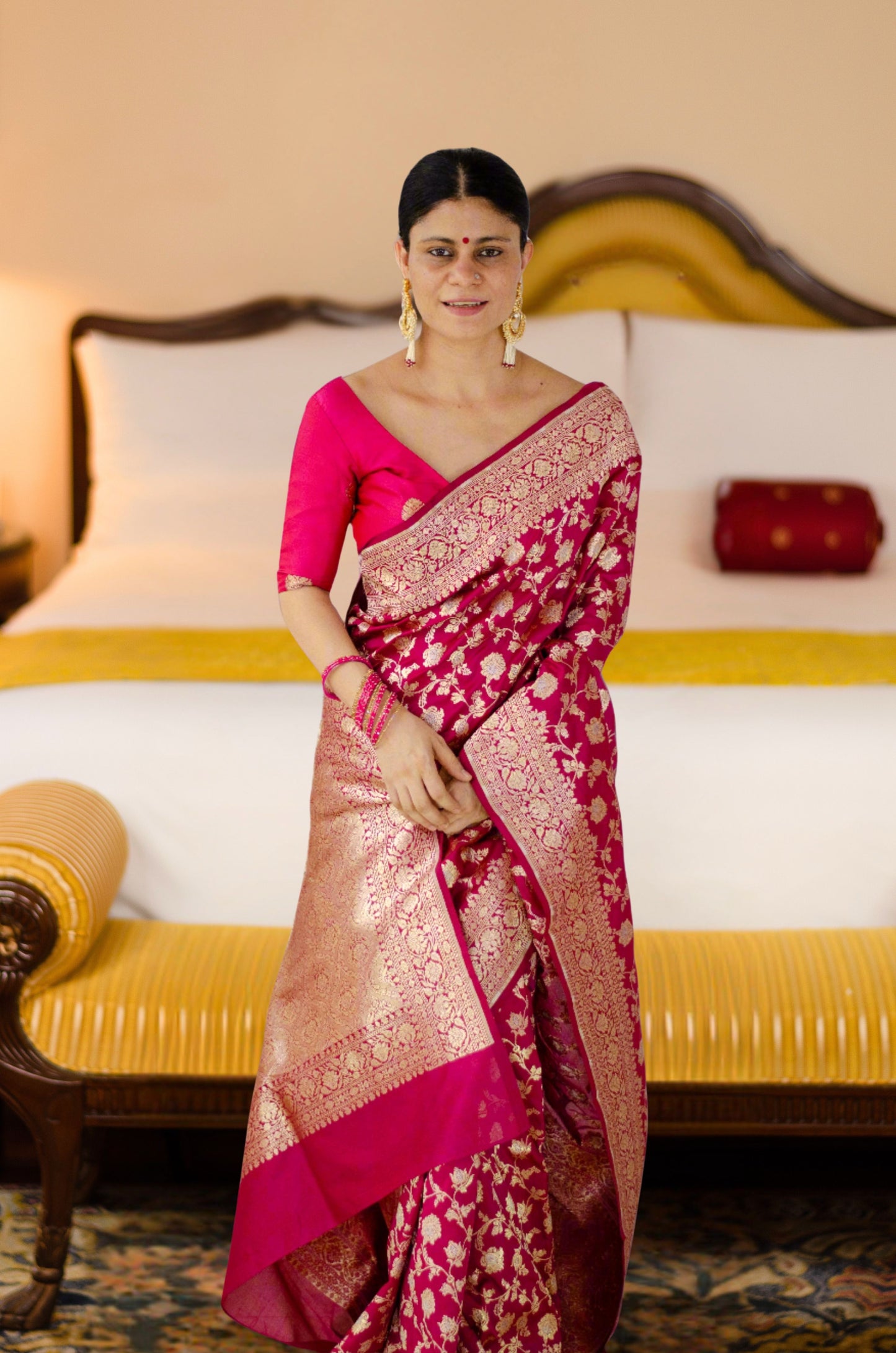 Magenta Colour Pure Meenakari /Silver Alfi Jangle Weaving Handloom Katan Mulbery Silk Saree