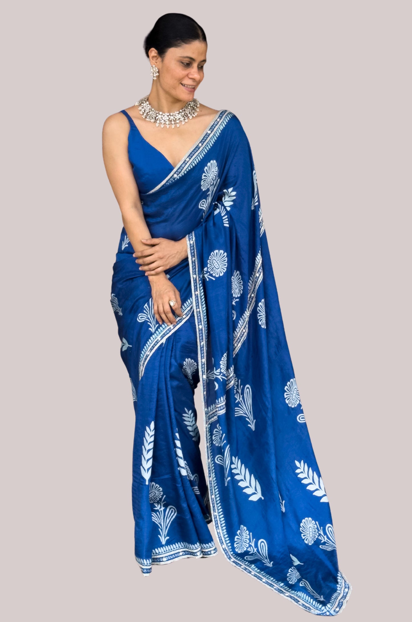 Handloom Hand Block Printed & Hand Embroidered Mulberry Silk Saree
