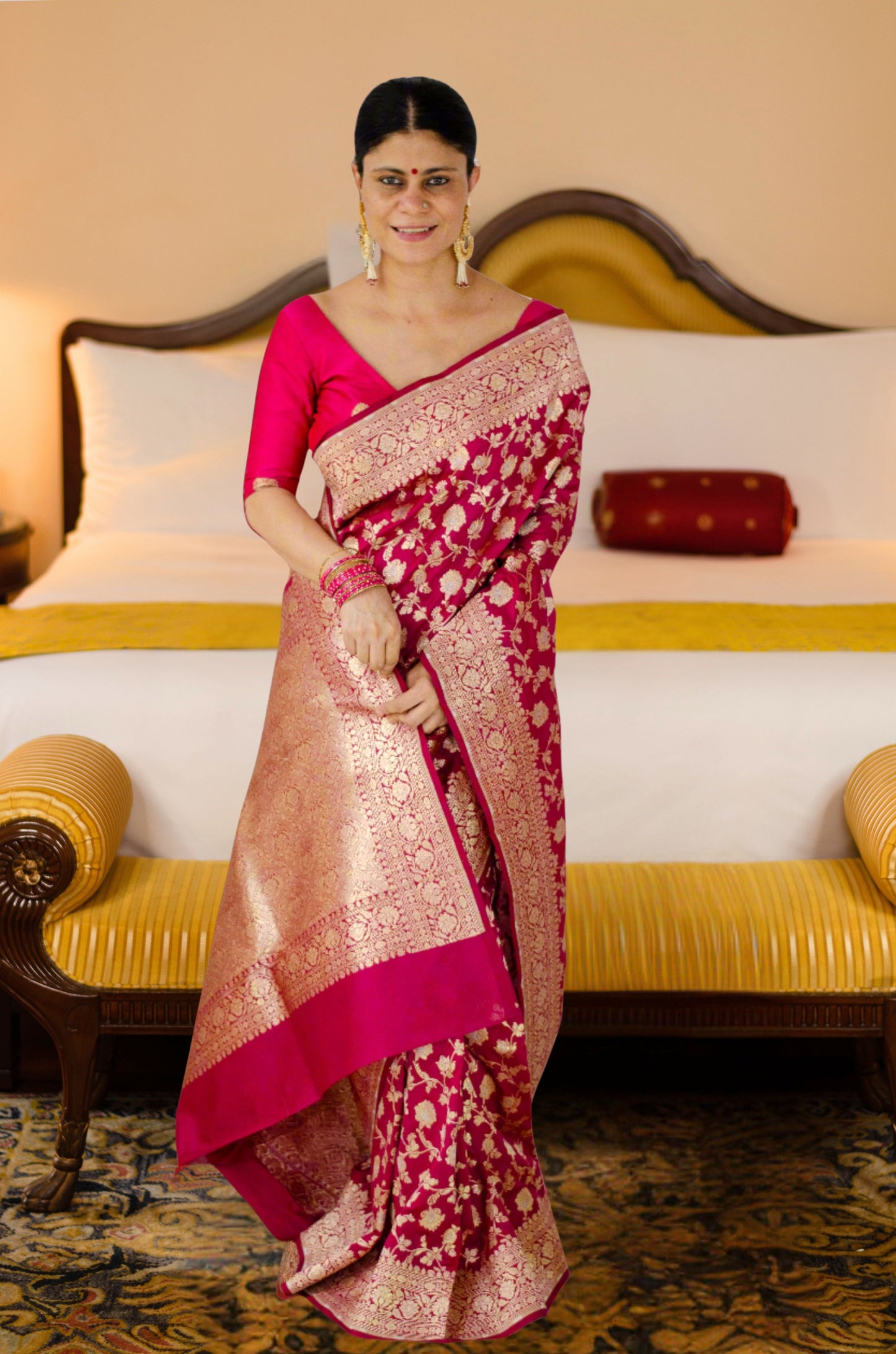 Magenta Colour Pure Meenakari /Silver Alfi Jangle Weaving Handloom Katan Mulbery Silk Saree