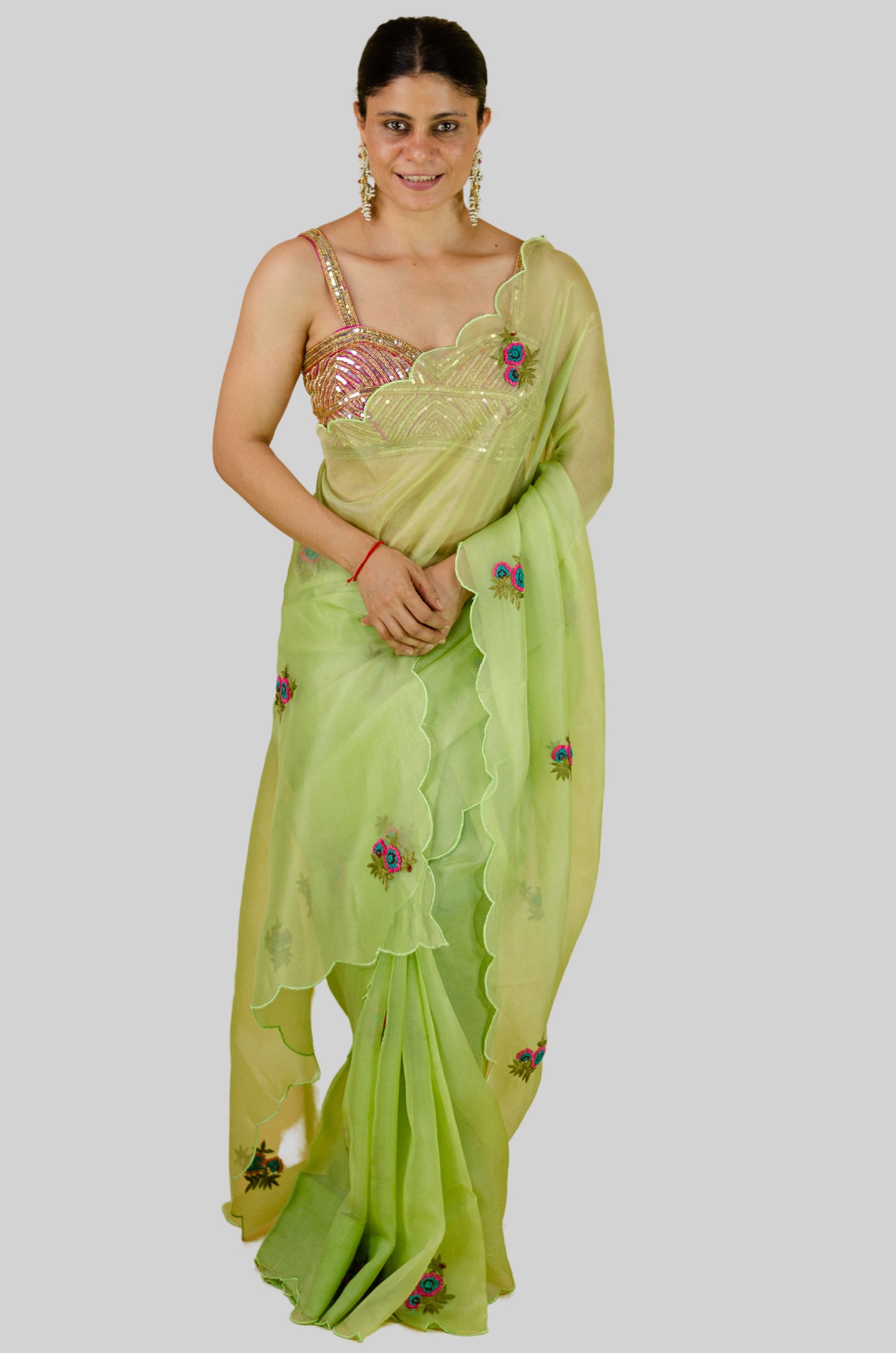 Zardosi and Beads Hand Embroidered Handloom Organza Silk Saree