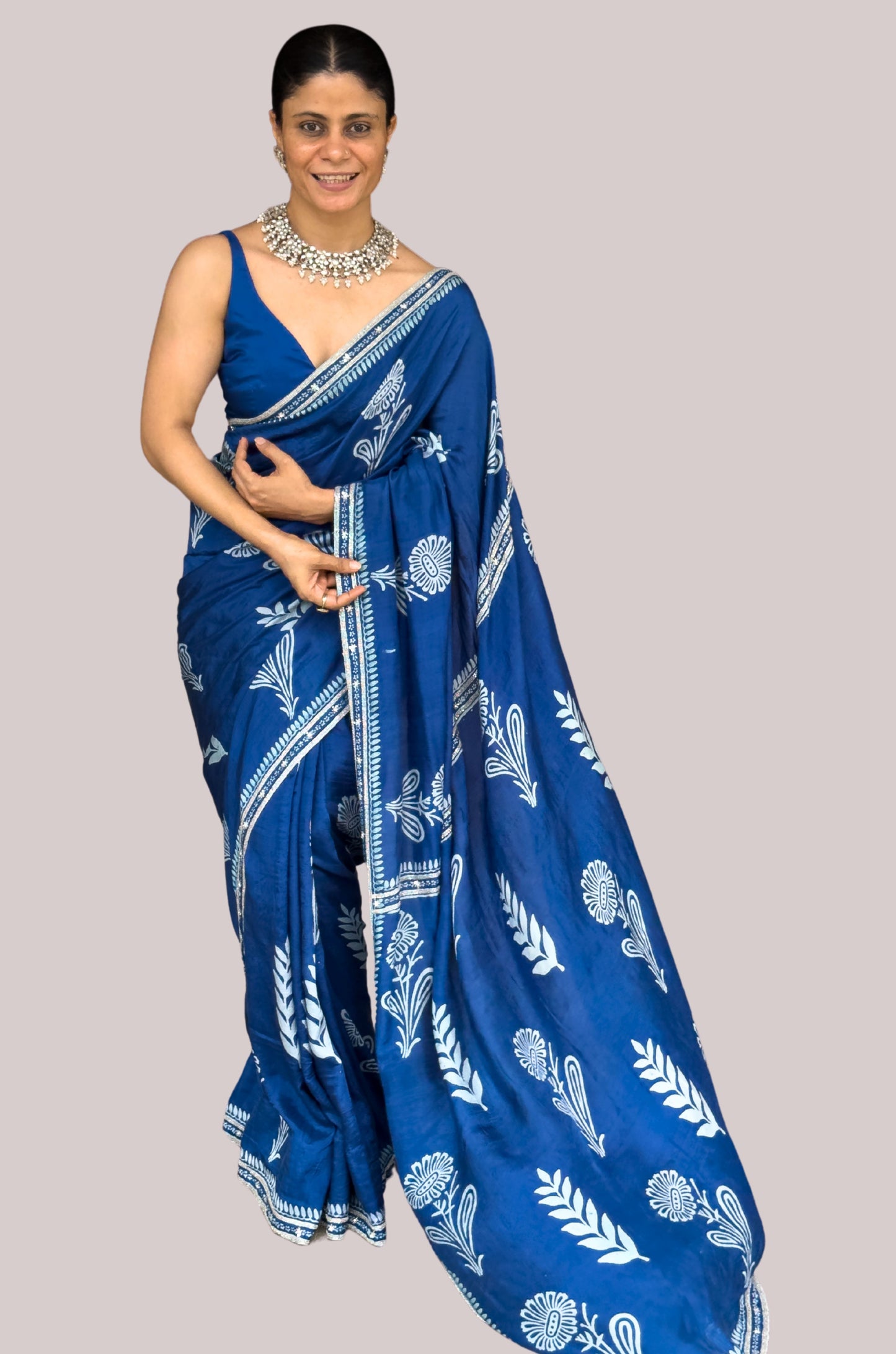 Handloom Hand Block Printed & Hand Embroidered Mulberry Silk Saree