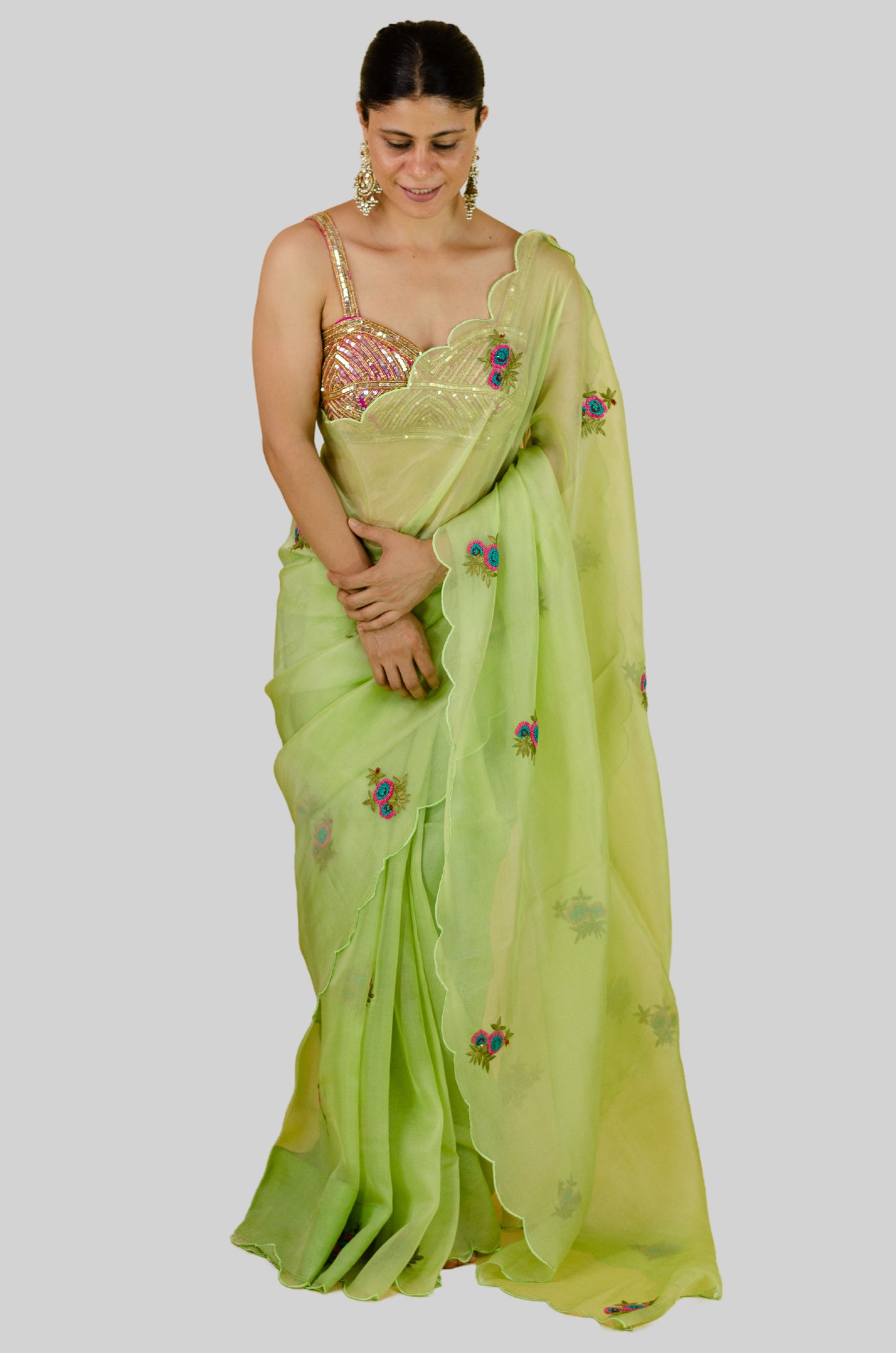 Zardosi and Beads Hand Embroidered Handloom Organza Silk Saree