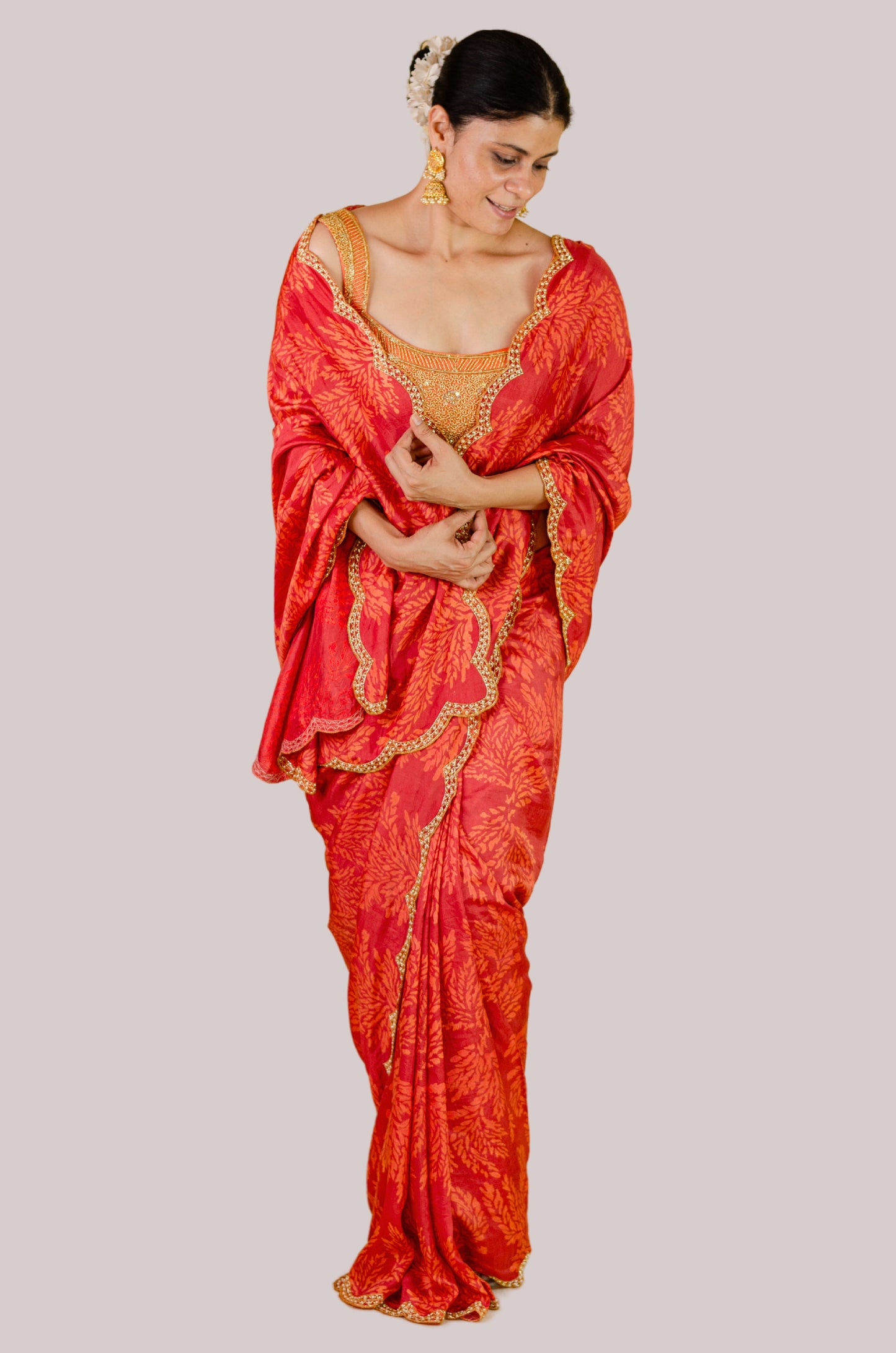 Handloom Hand Block Printed & Hand Embroidered Mulberry Silk Saree