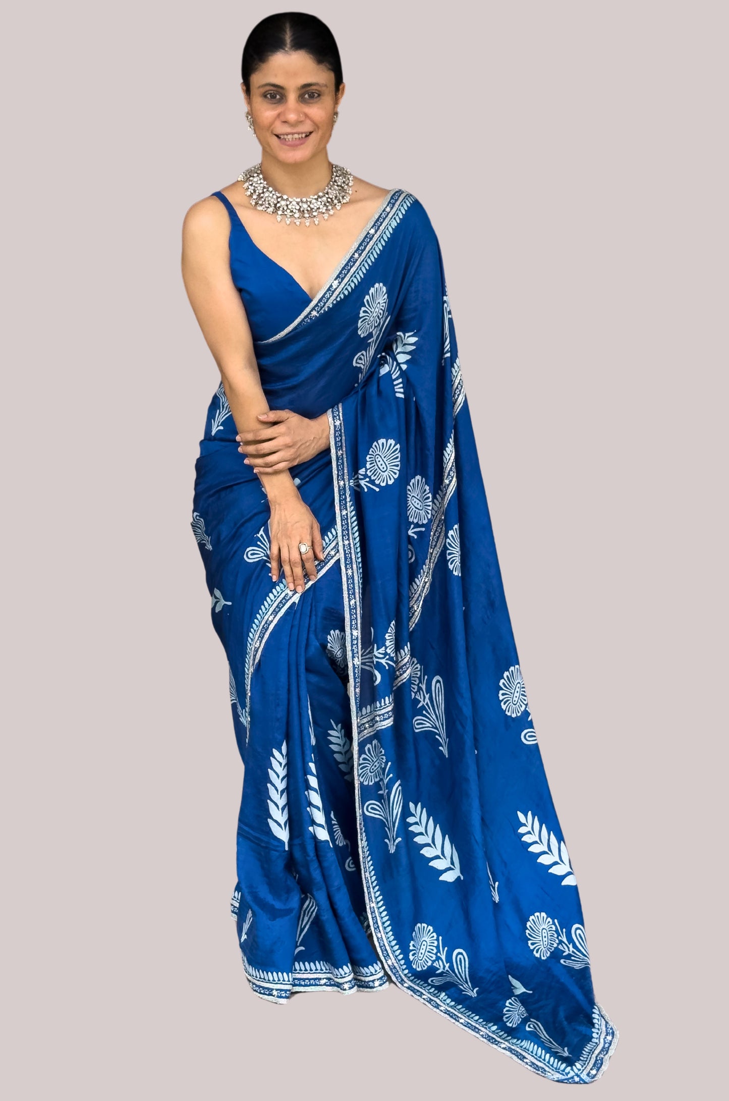 Handloom Hand Block Printed & Hand Embroidered Mulberry Silk Saree