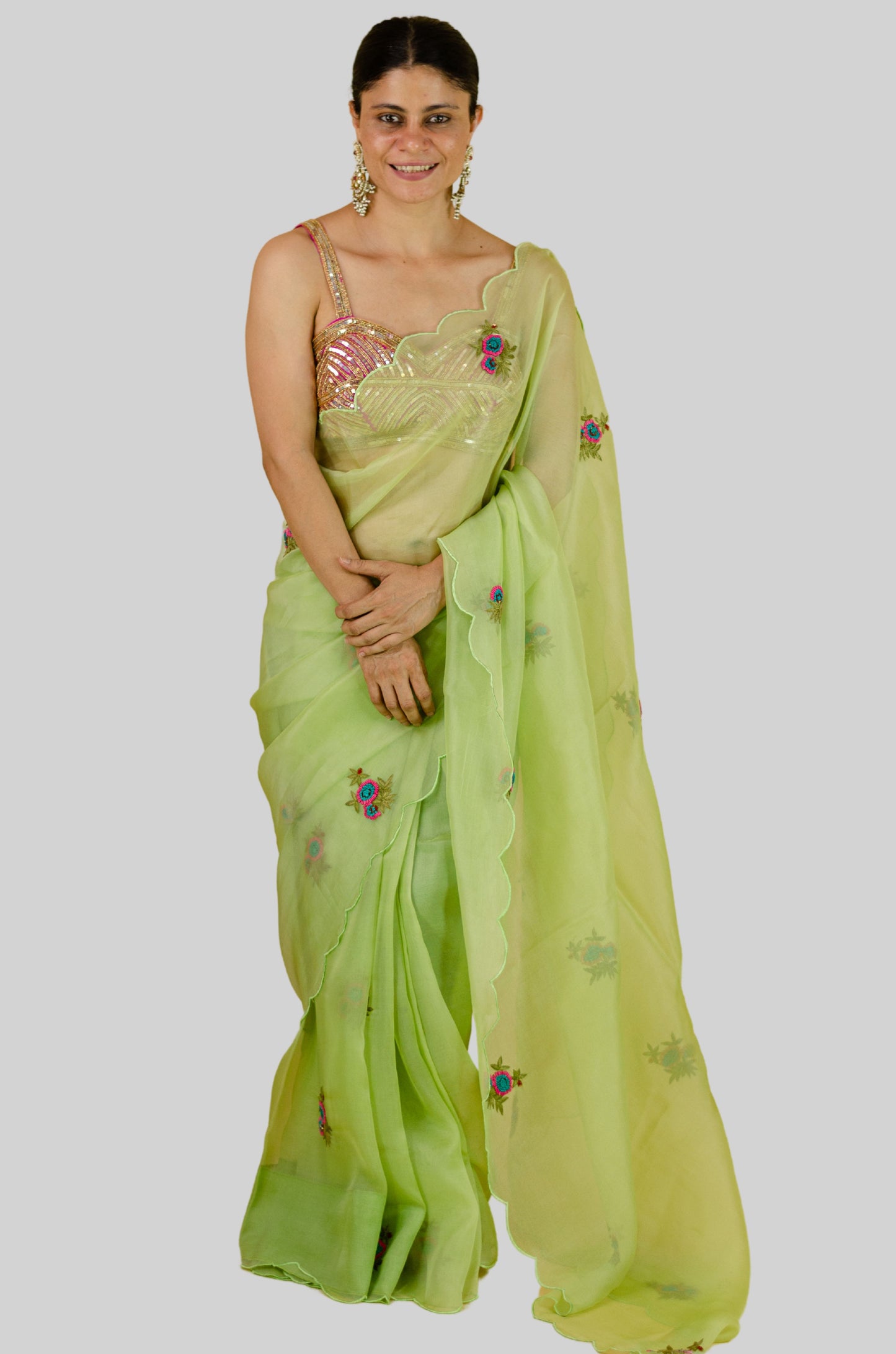 Zardosi and Beads Hand Embroidered Handloom Organza Silk Saree