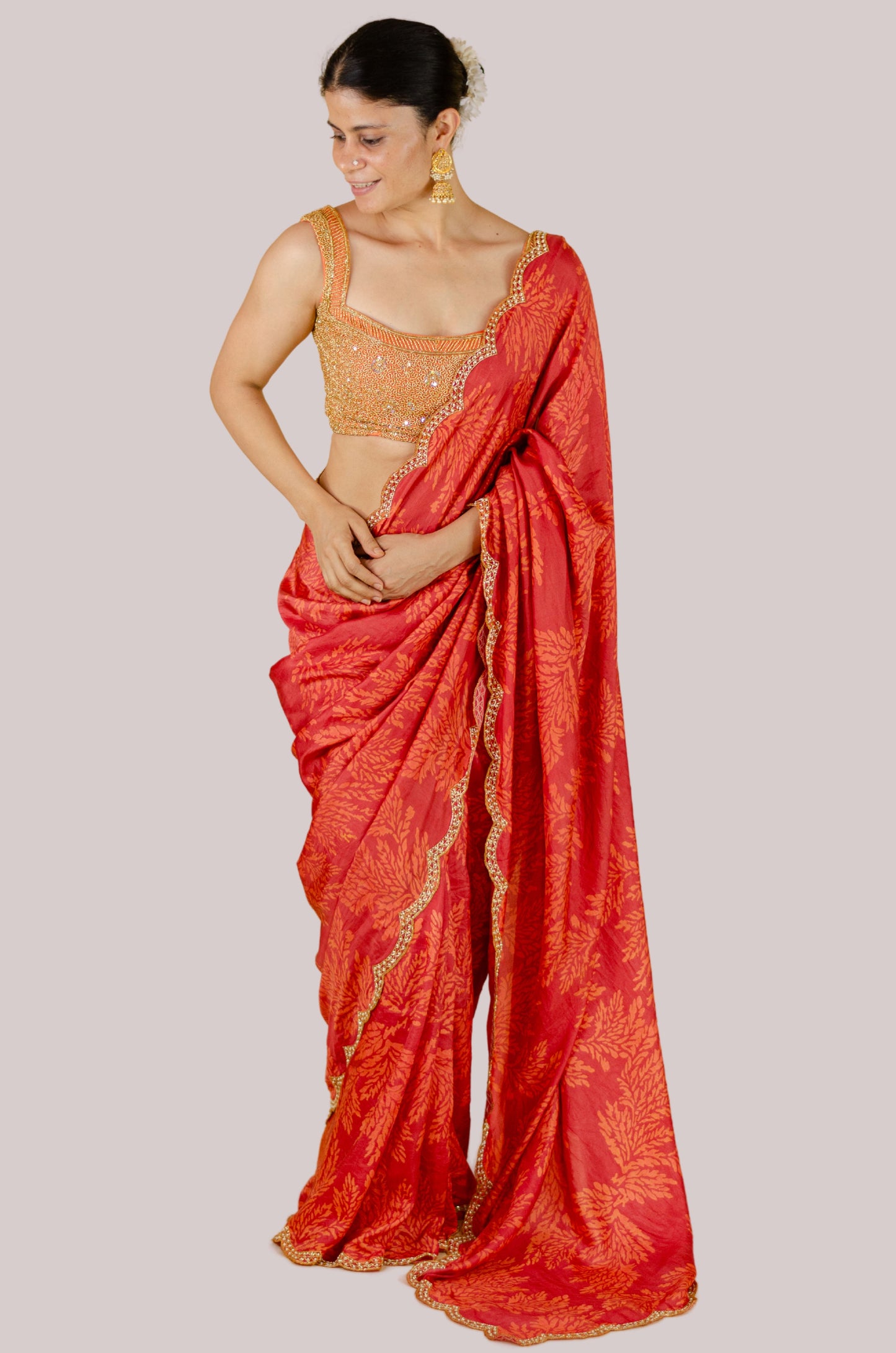 Handloom Hand Block Printed & Hand Embroidered Mulberry Silk Saree