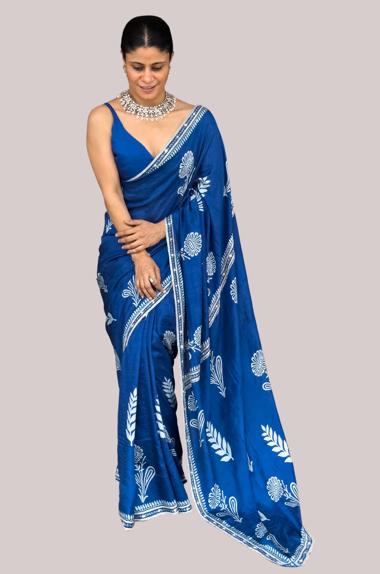 Handloom Hand Block Printed & Hand Embroidered Mulberry Silk Saree