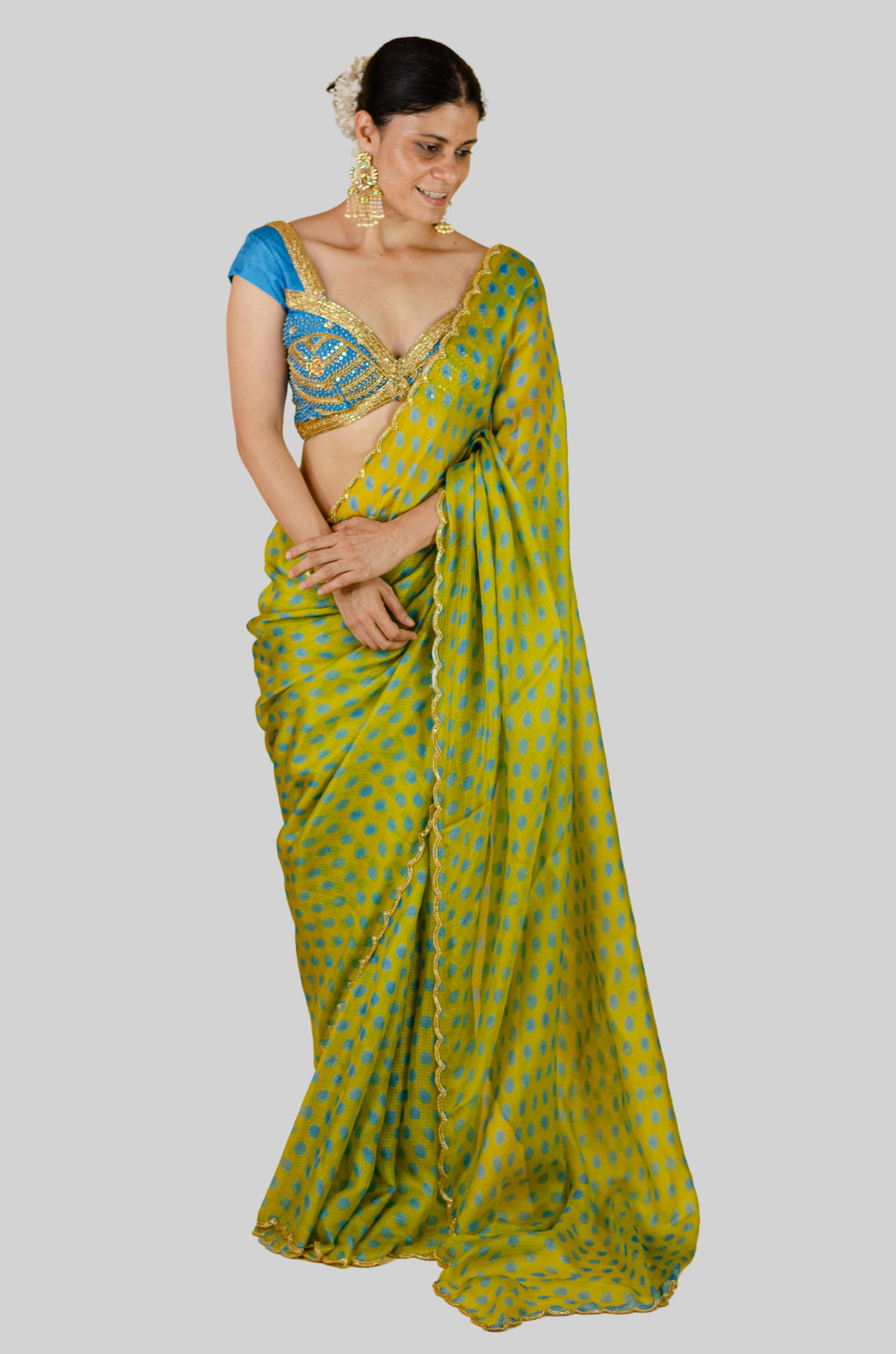 Handloom Hand Block Printed & Hand Embroidered Kota Silk Saree