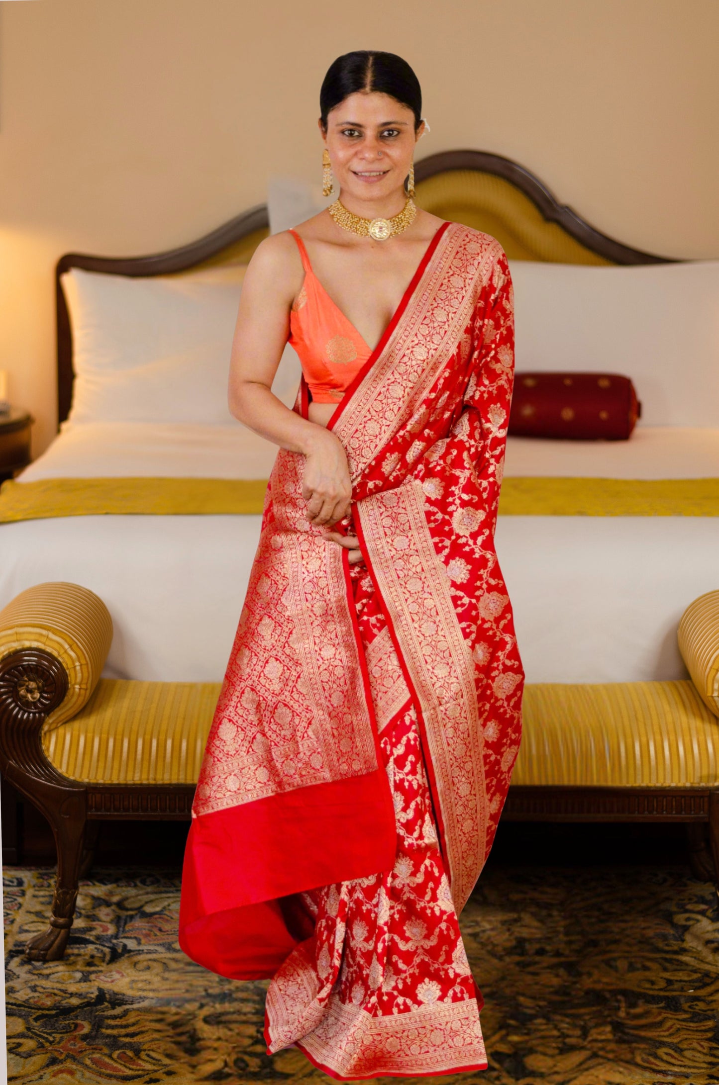 Deep Red Colour Pure Meenakari /Silver Alfi Jangle Weaving Handloom Katan Mulbery Silk Saree