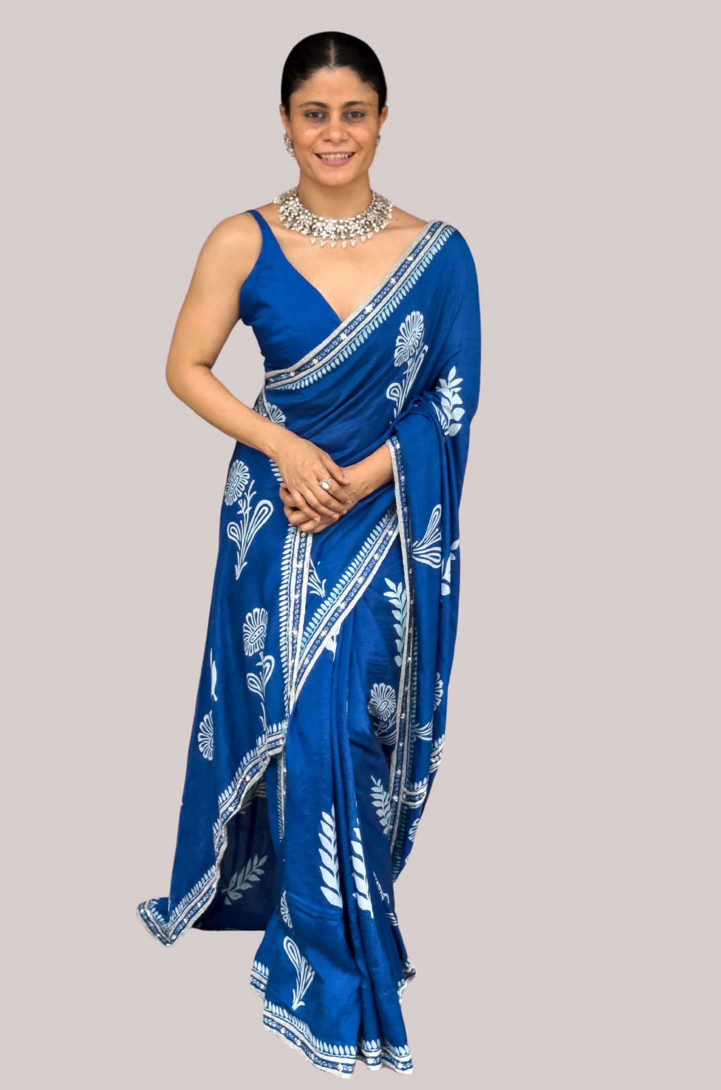 Handloom Hand Block Printed & Hand Embroidered Mulberry Silk Saree