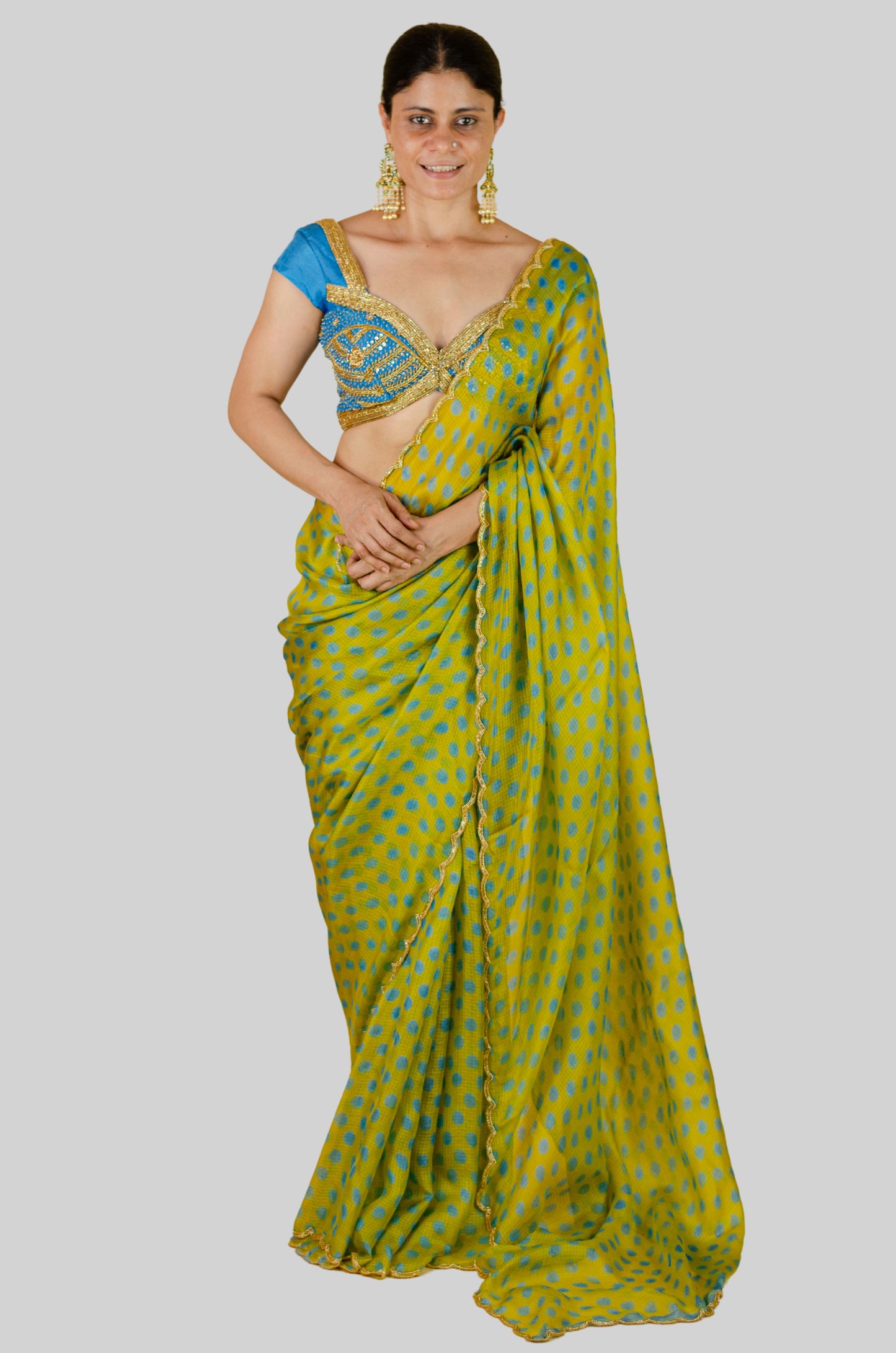 Handloom Hand Block Printed & Hand Embroidered Kota Silk Saree