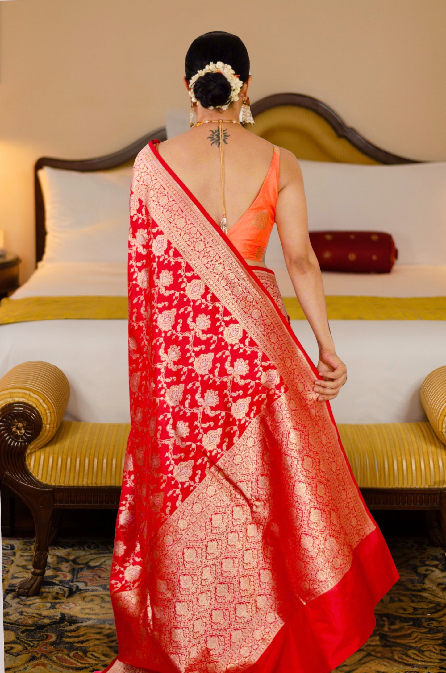 Deep Red Colour Pure Meenakari /Silver Alfi Jangle Weaving Handloom Katan Mulbery Silk Saree
