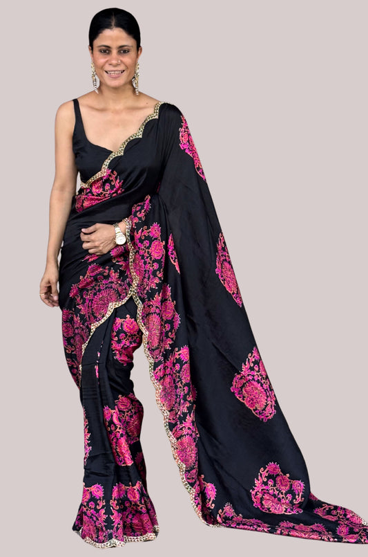 Handloom Hand Block Printed & Hand Embroidered Mulberry Silk Saree