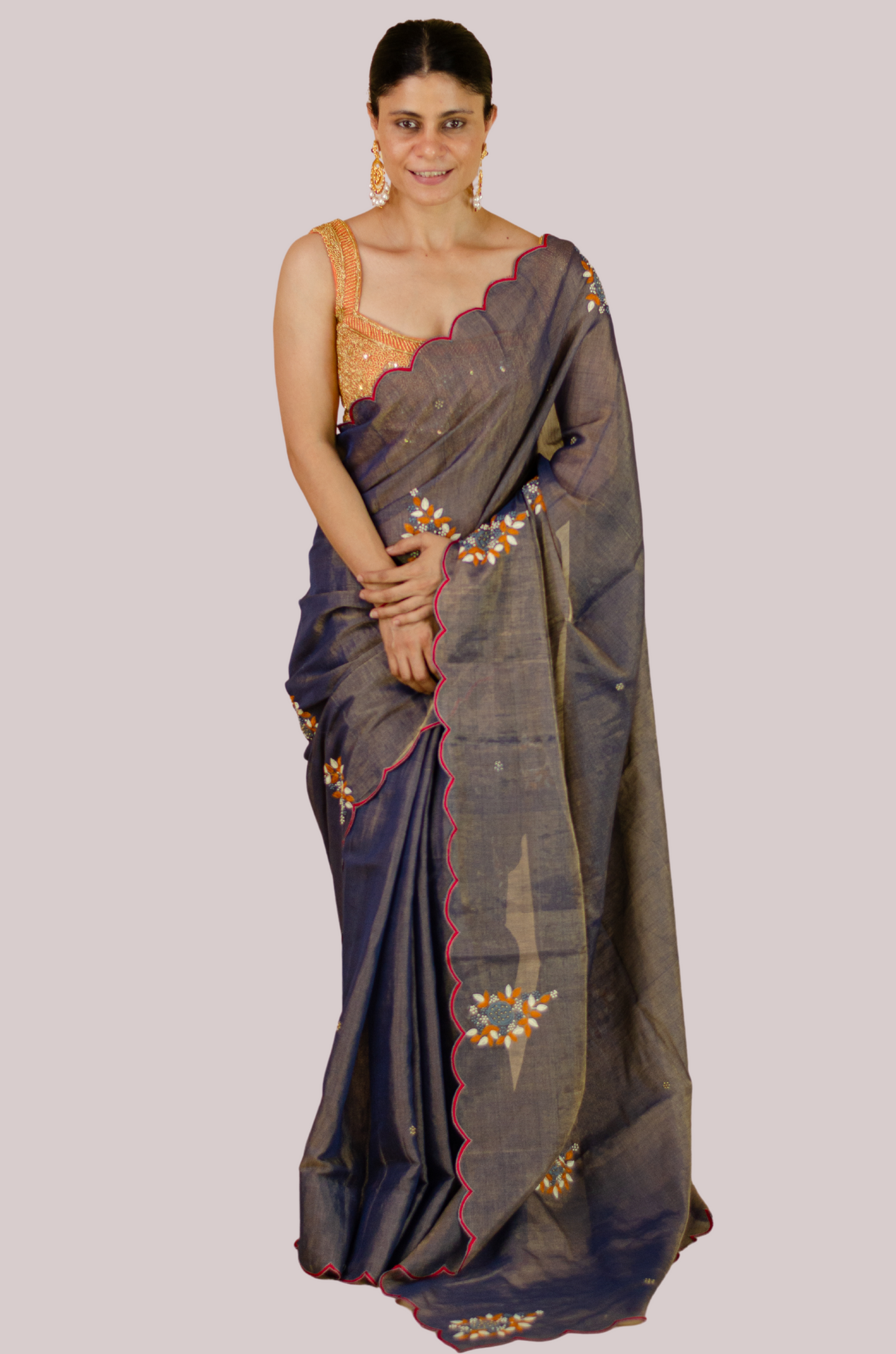 Sequence & Resham thread Hand Embroidered Handloom tissue Silk Saree.