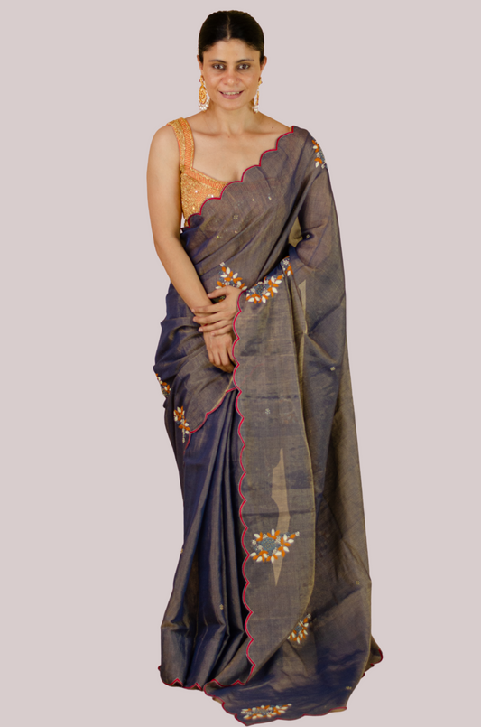 Sequence & Resham thread Hand Embroidered Handloom tissue Silk Saree.