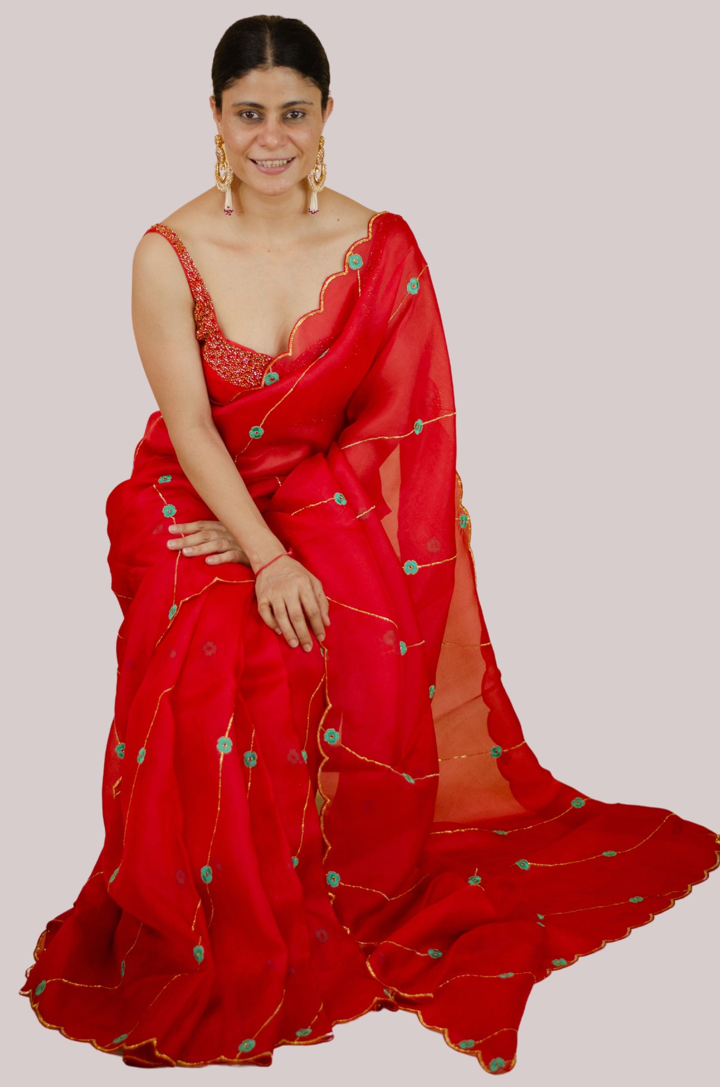 Sequence & Resham thread Hand Embroidered Handloom Organza Silk Saree.