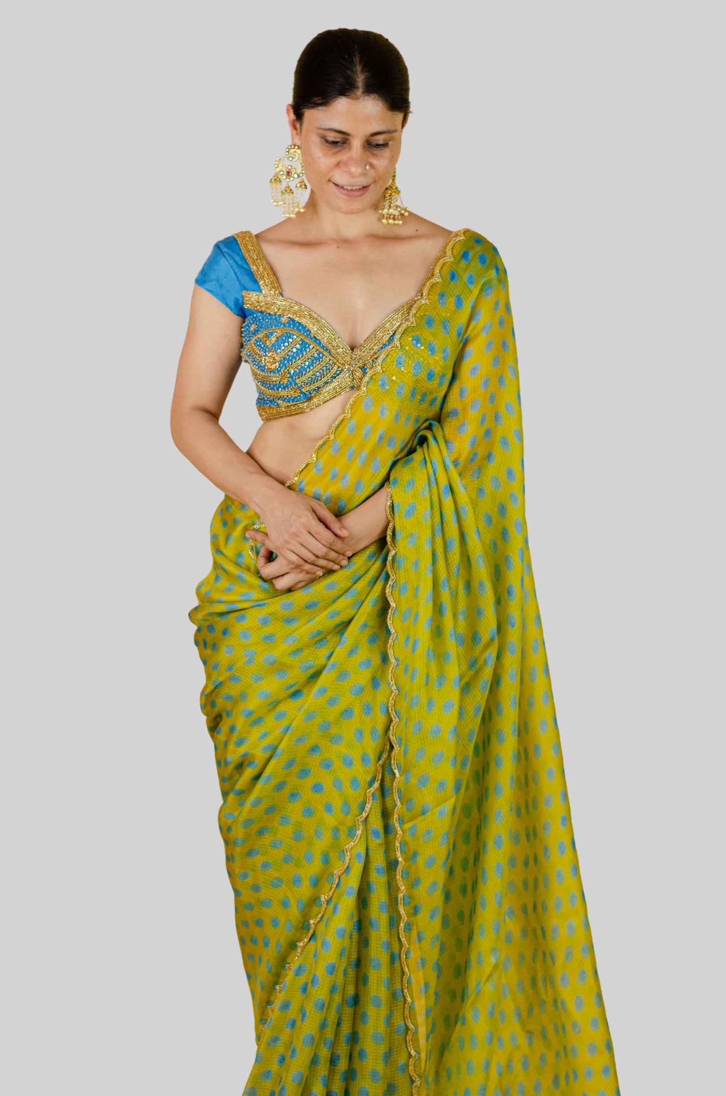 Handloom Hand Block Printed & Hand Embroidered Kota Silk Saree