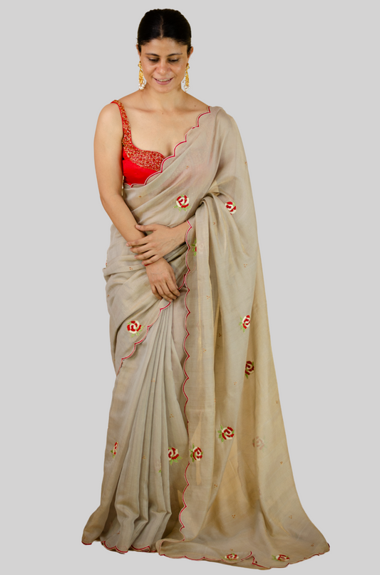 Sequence & Resham thread Hand Embroidered Handloom tissue Silk Saree.
