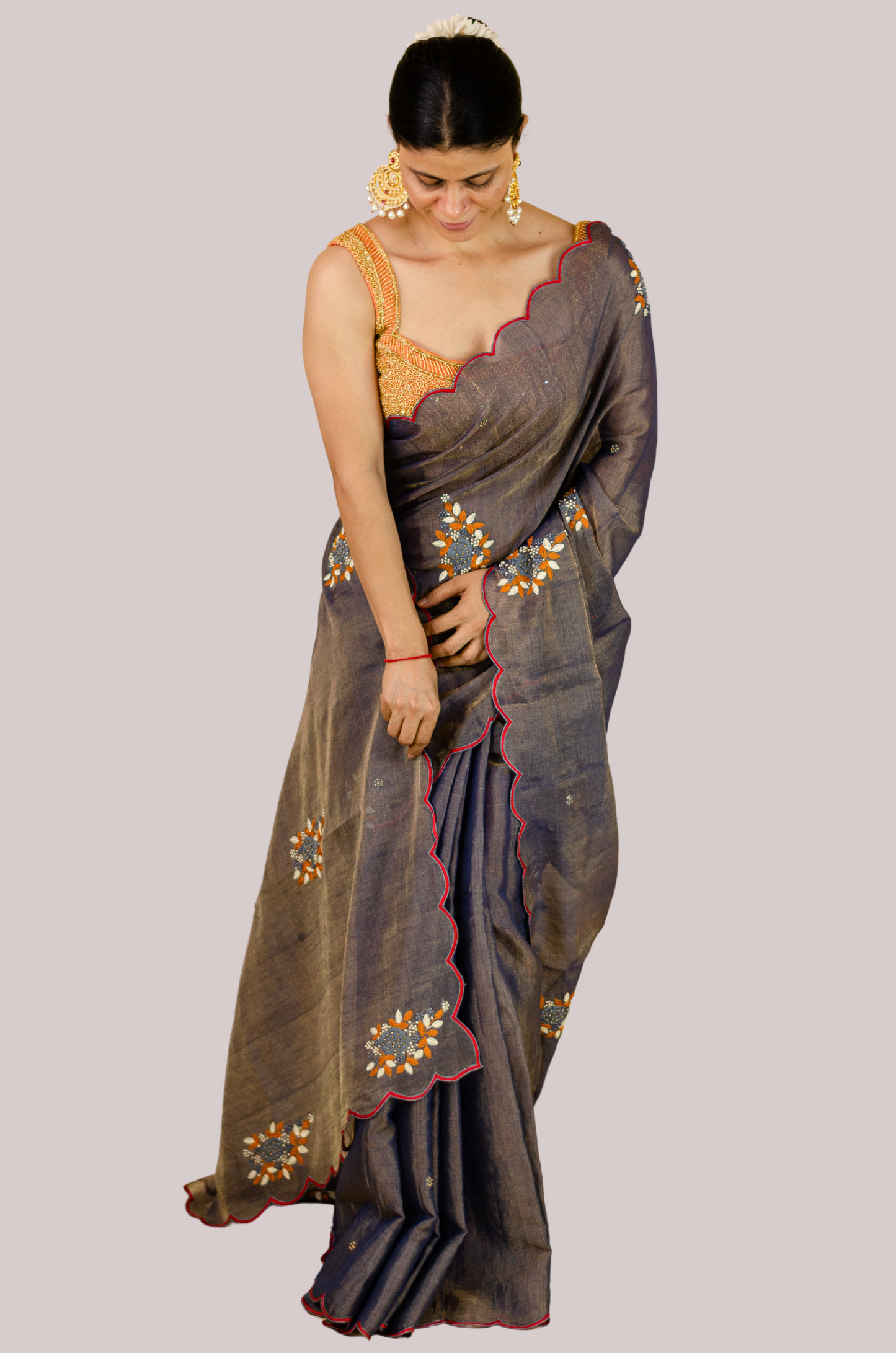 Sequence & Resham thread Hand Embroidered Handloom tissue Silk Saree.