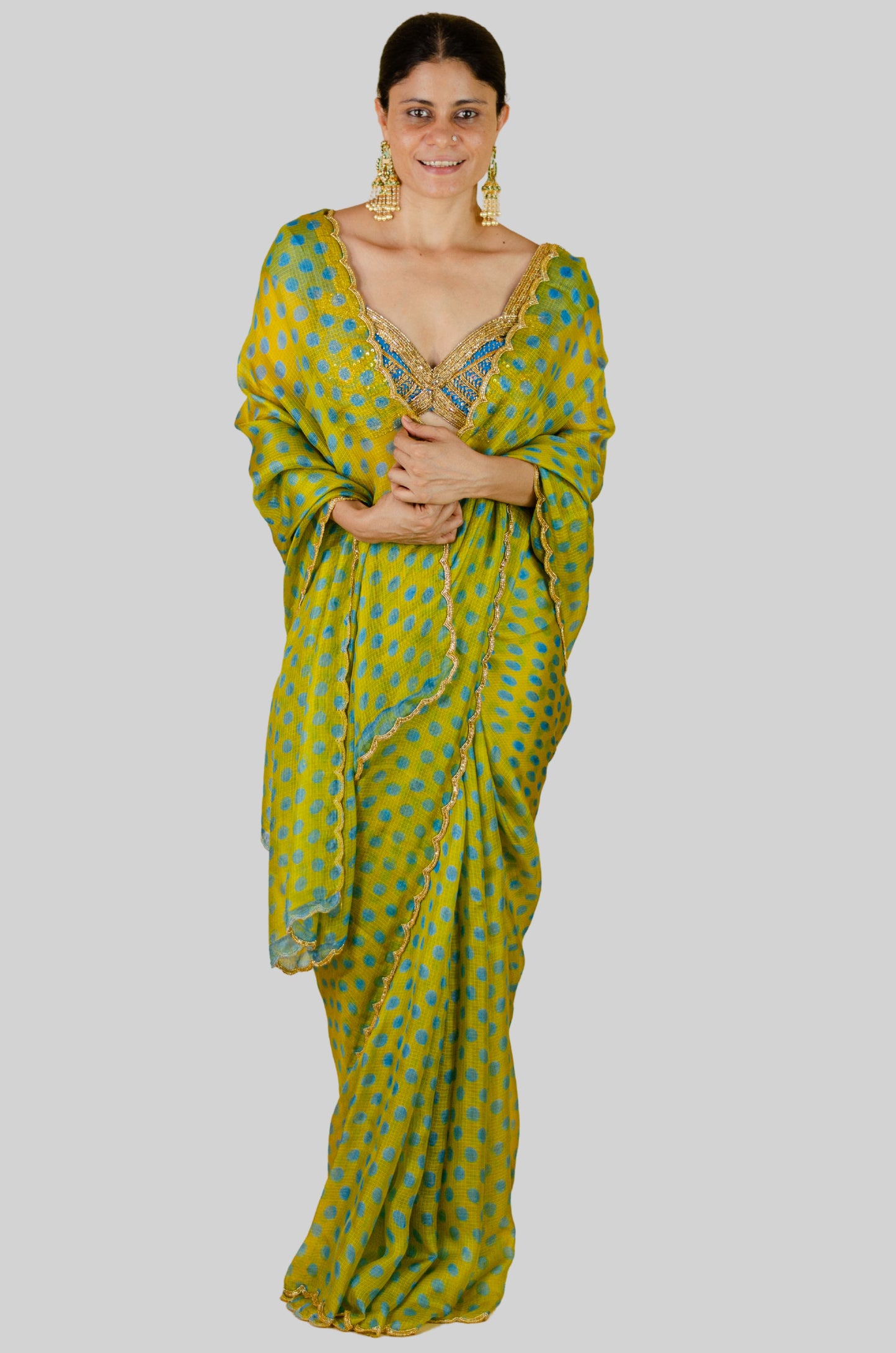 Handloom Hand Block Printed & Hand Embroidered Kota Silk Saree