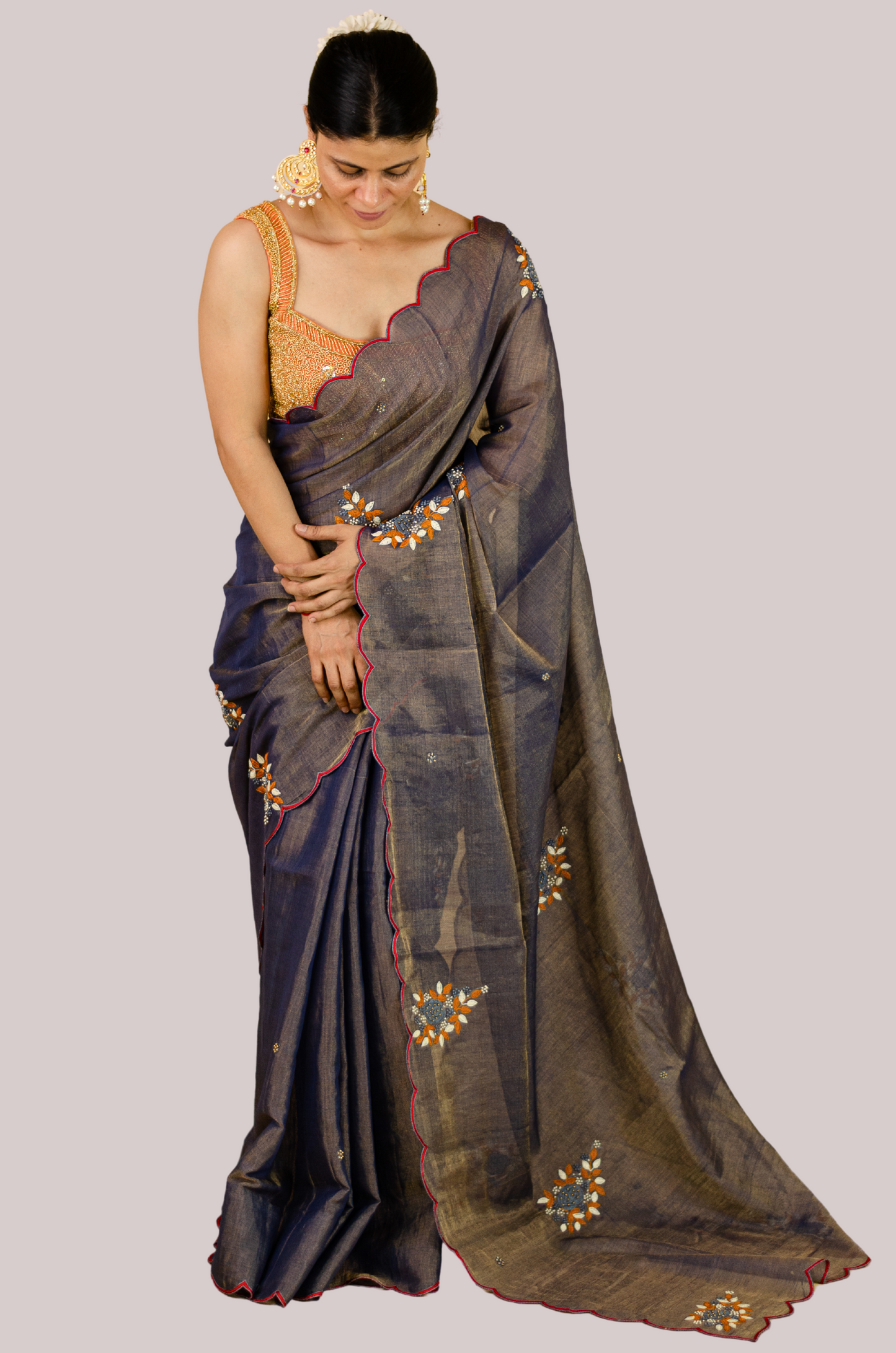 Sequence & Resham thread Hand Embroidered Handloom tissue Silk Saree.
