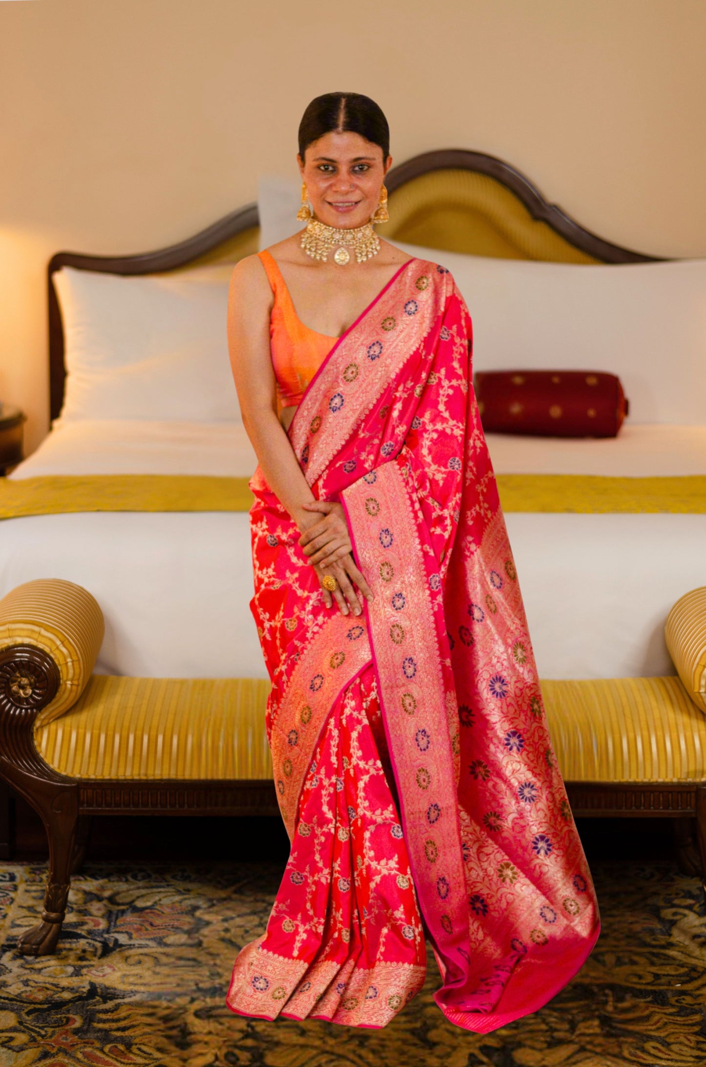 Dual Shade Rani Pink Colour Handwoven Kadwa Jaal Katan Silk Banarasi Saree