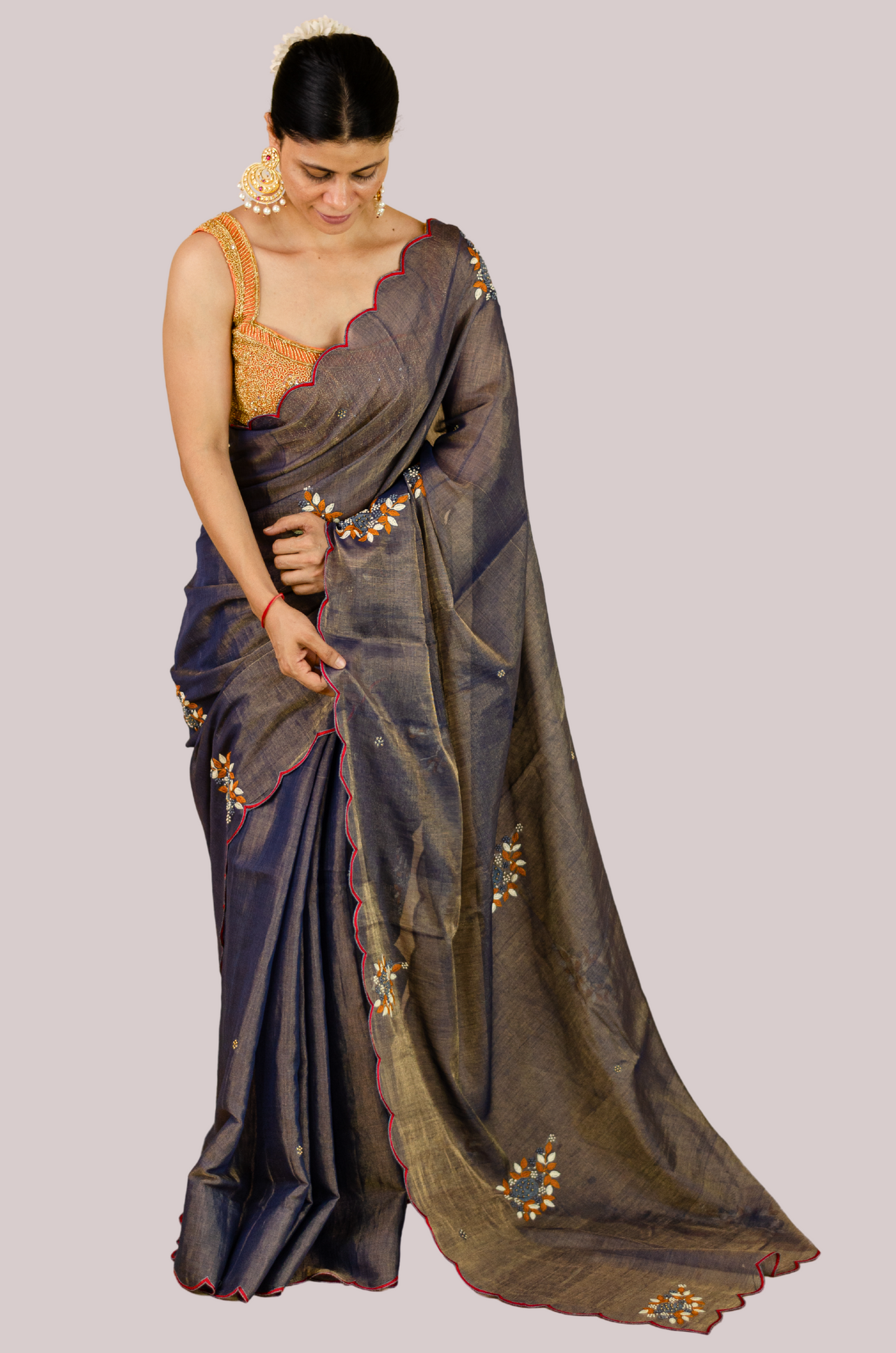 Sequence & Resham thread Hand Embroidered Handloom tissue Silk Saree.