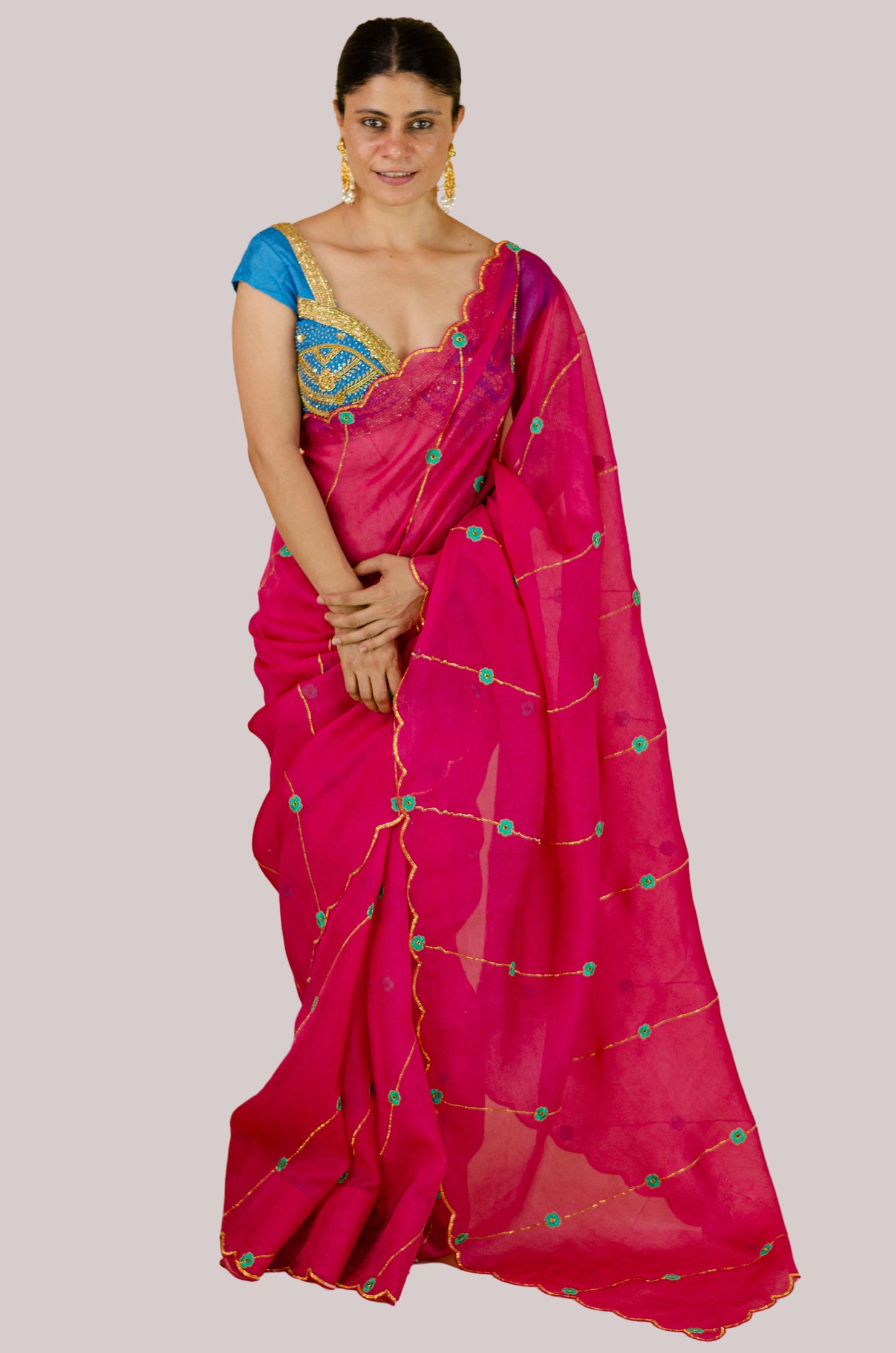 Sequence & Resham thread Hand Embroidered Handloom Organza Silk Saree.