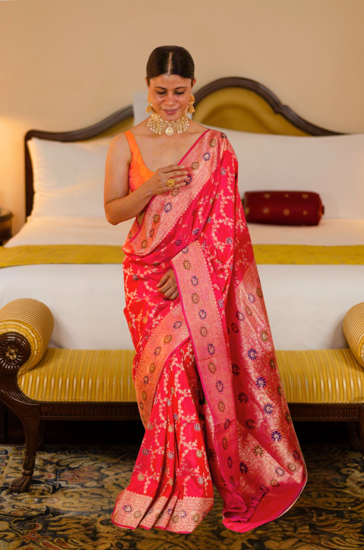 Dual Shade Rani Pink Colour Handwoven Kadwa Jaal Katan Silk Banarasi Saree