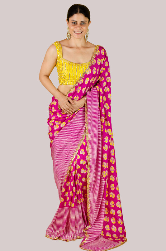 Handloom Hand Block Printed & Hand Embroidered Mulberry Silk Saree