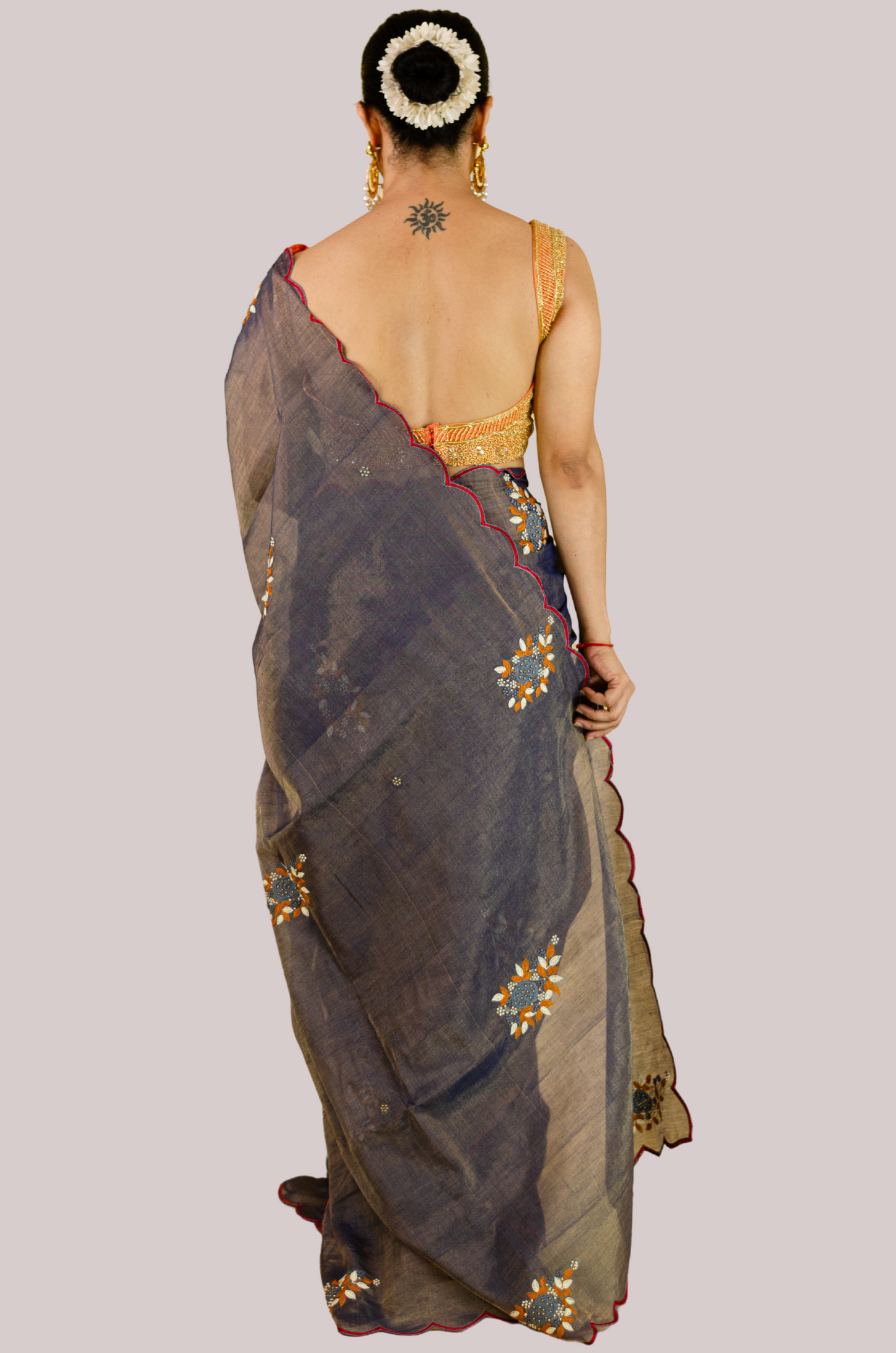 Sequence & Resham thread Hand Embroidered Handloom tissue Silk Saree.