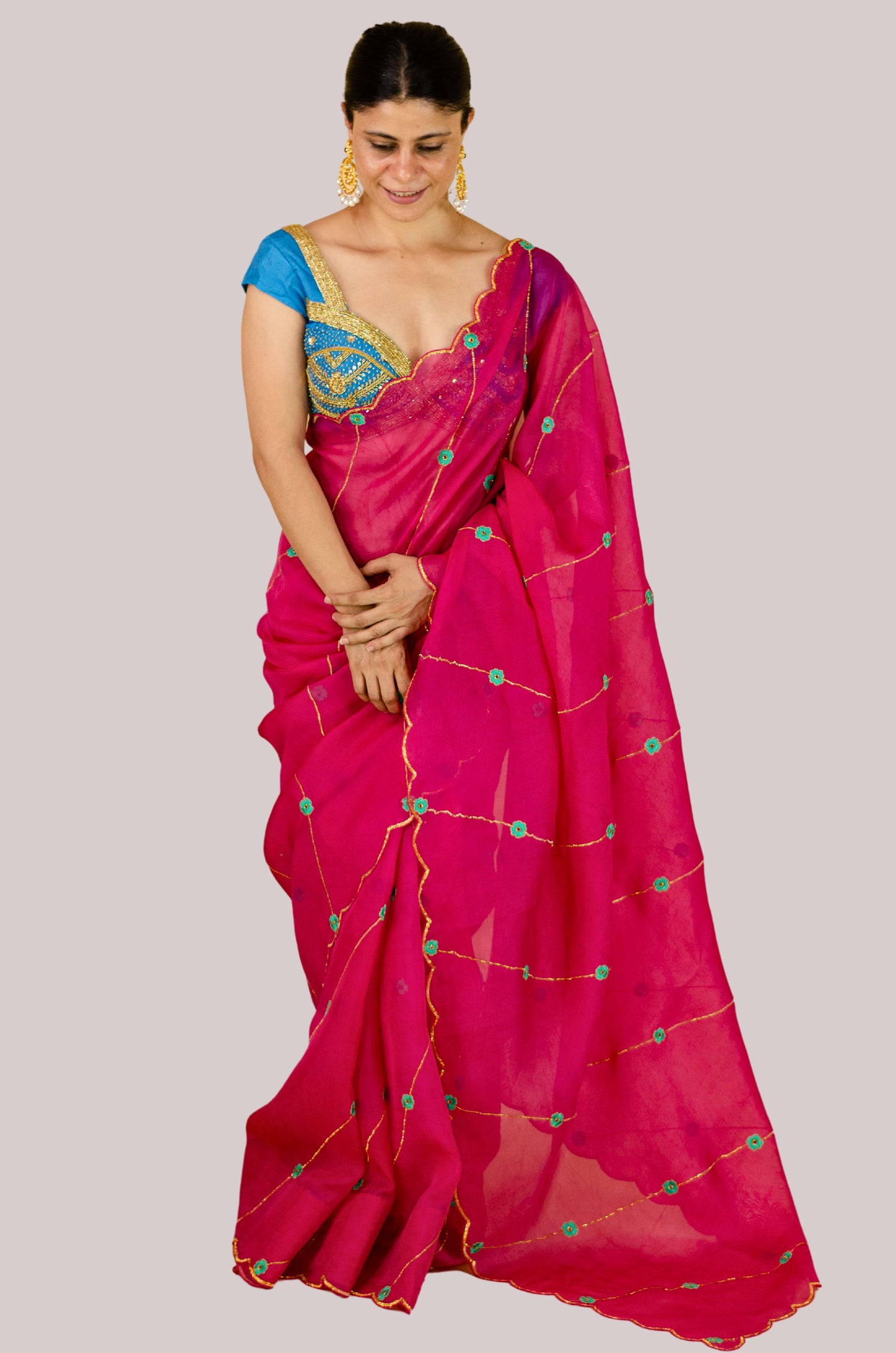 Sequence & Resham thread Hand Embroidered Handloom Organza Silk Saree.