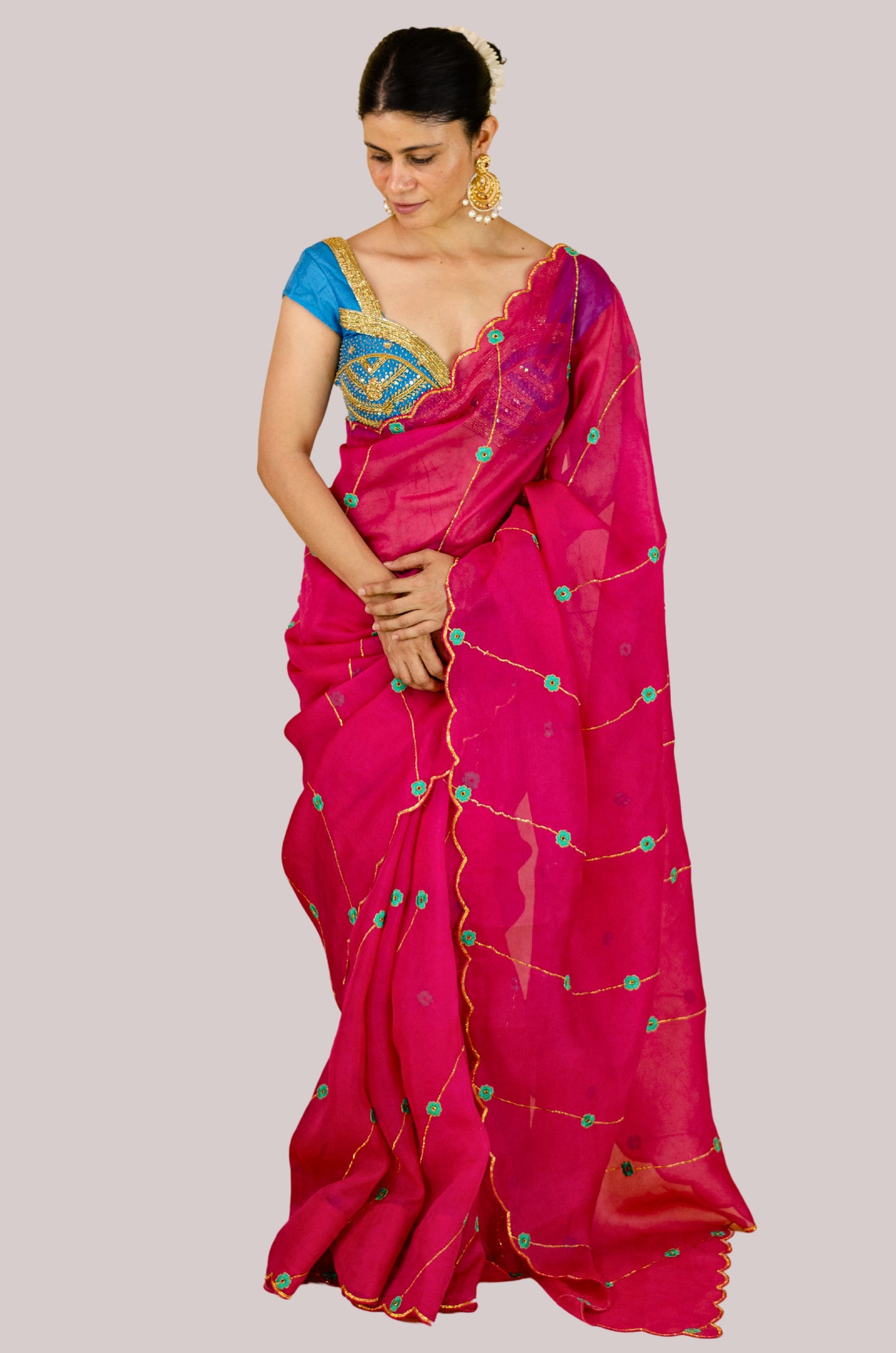 Sequence & Resham thread Hand Embroidered Handloom Organza Silk Saree.