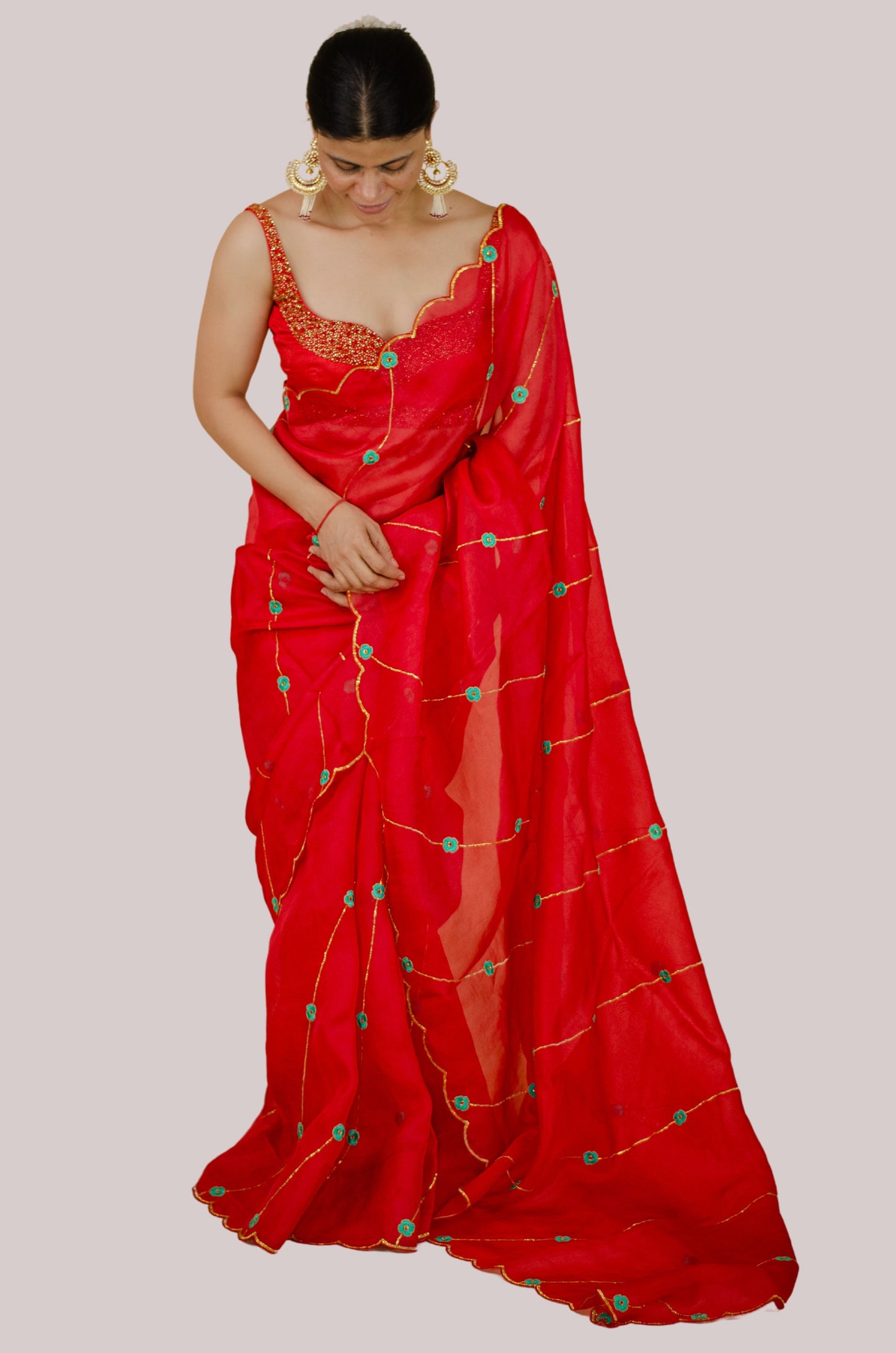 Sequence & Resham thread Hand Embroidered Handloom Organza Silk Saree.