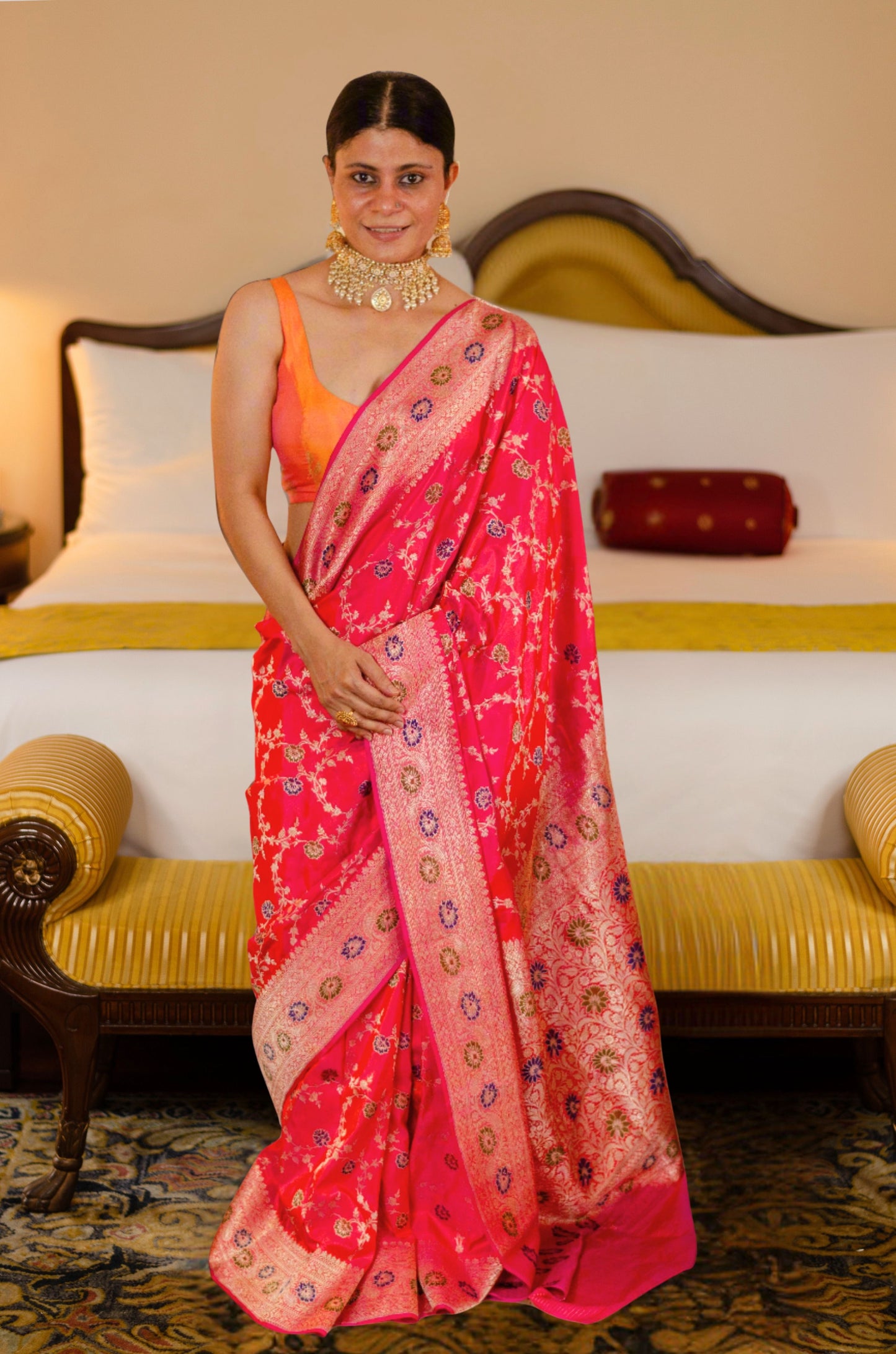 Dual Shade Rani Pink Colour Handwoven Kadwa Jaal Katan Silk Banarasi Saree