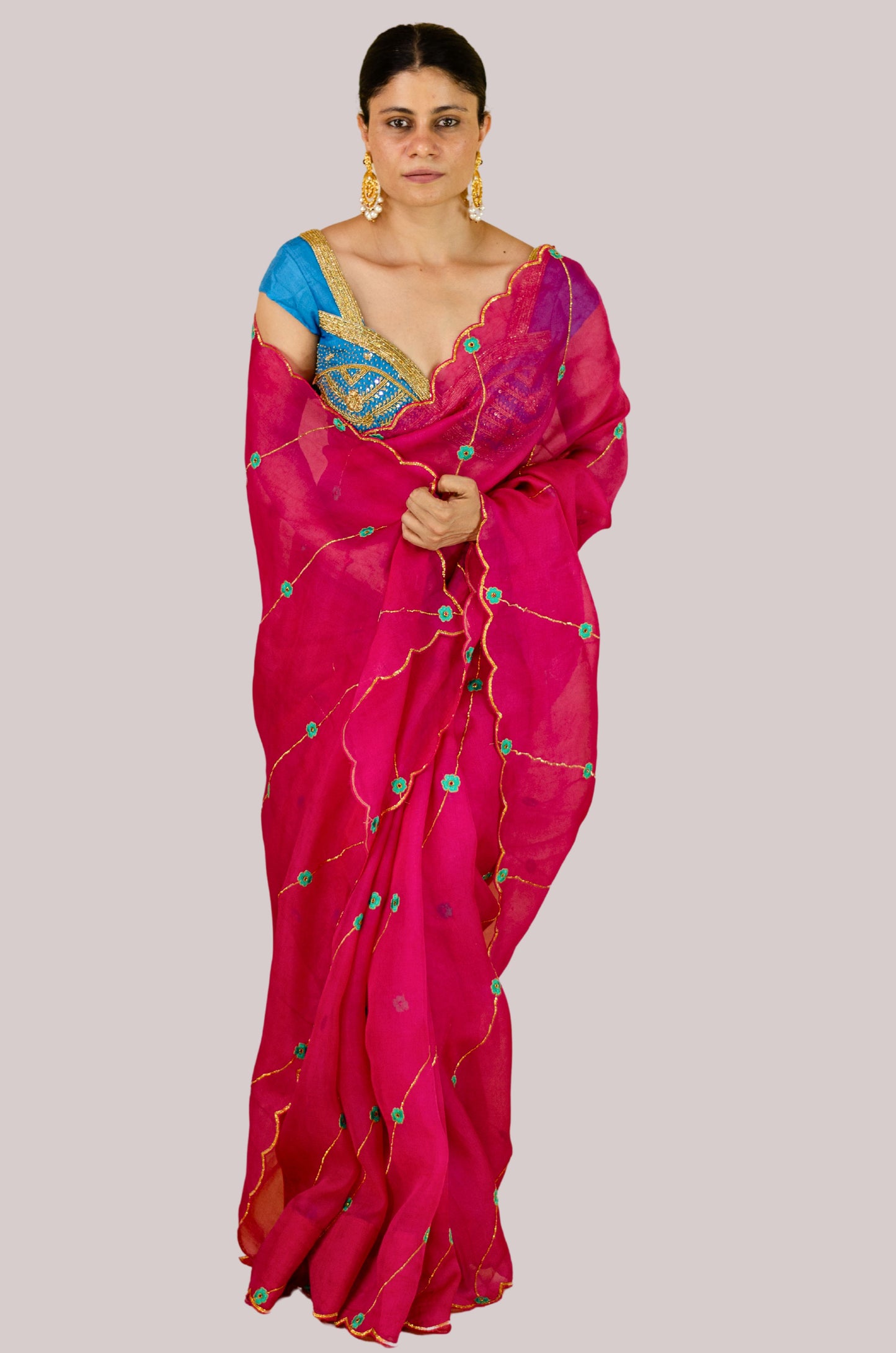Sequence & Resham thread Hand Embroidered Handloom Organza Silk Saree.