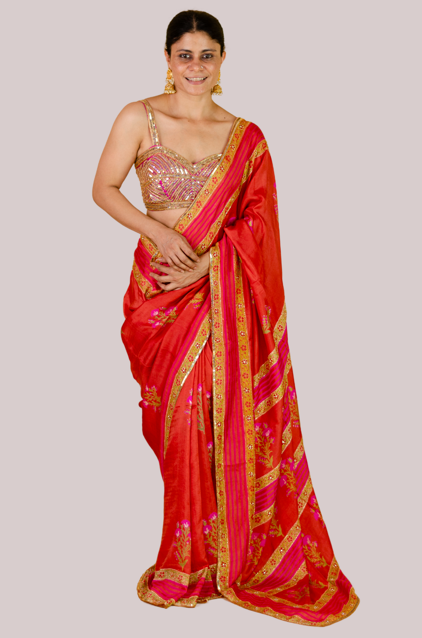 Handloom Hand Block Printed & Hand Embroidered Mulberry Silk Saree