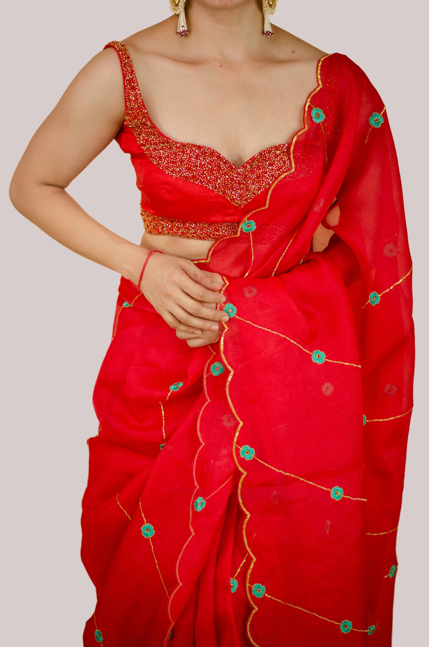 Sequence & Resham thread Hand Embroidered Handloom Organza Silk Saree.