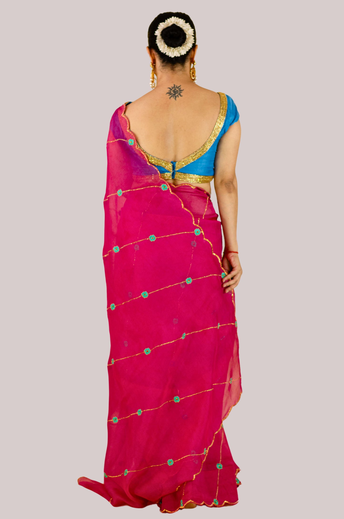 Sequence & Resham thread Hand Embroidered Handloom Organza Silk Saree.
