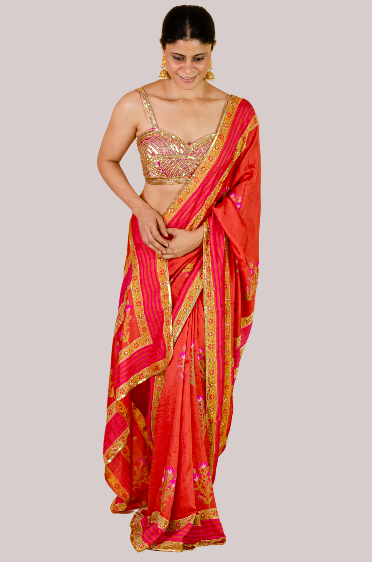 Handloom Hand Block Printed & Hand Embroidered Mulberry Silk Saree