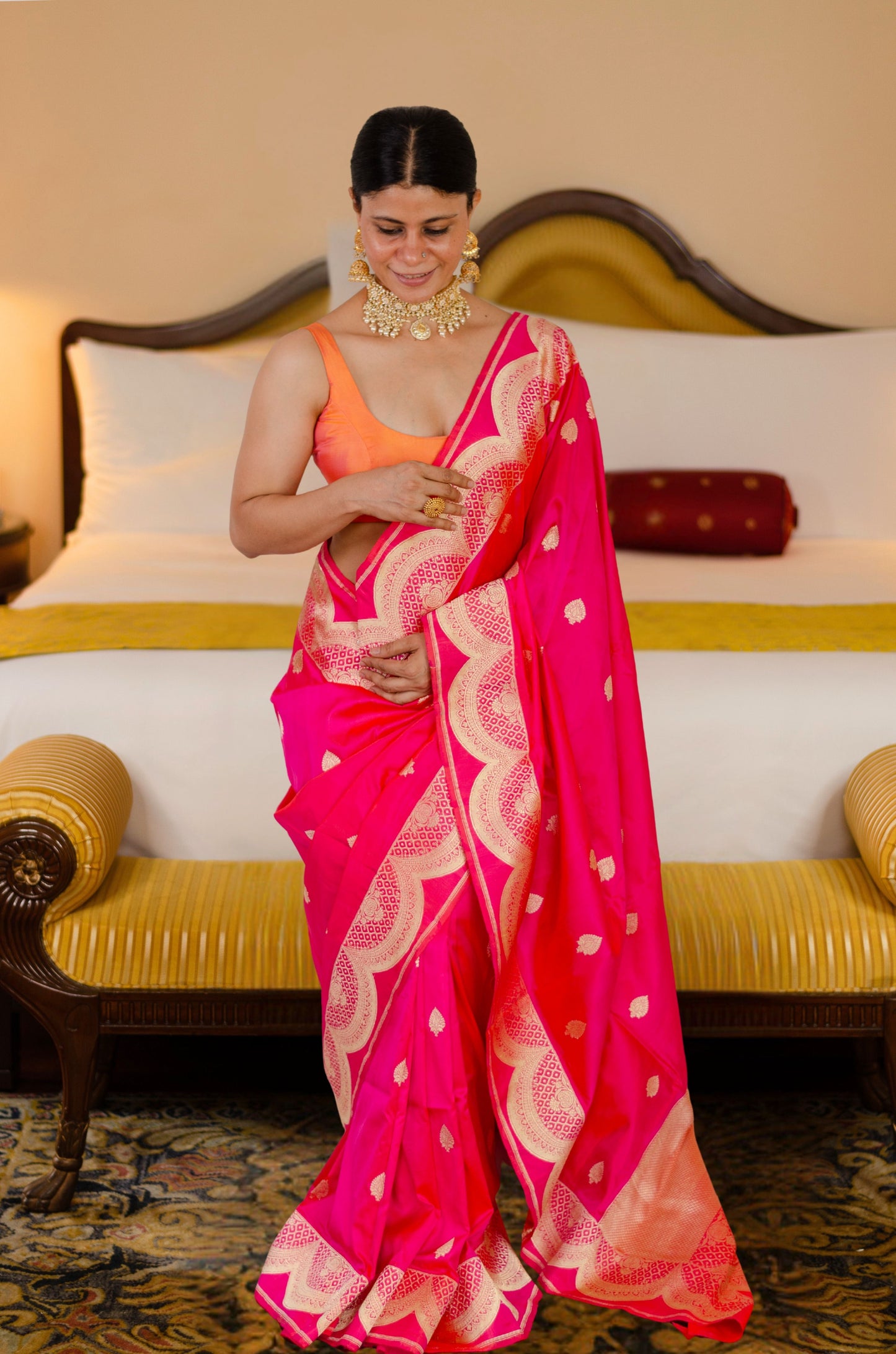 Rani Pink Colour with Gold Jari Mix Texture Colour Handwoven Kadwa Katan Silk Banarasi Saree