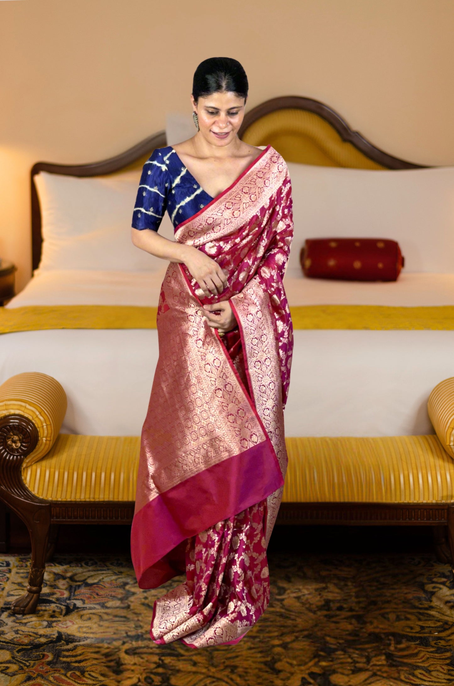 Deep Burgundy Colour Pure Handloom Cutwork Katan Silk Saree.