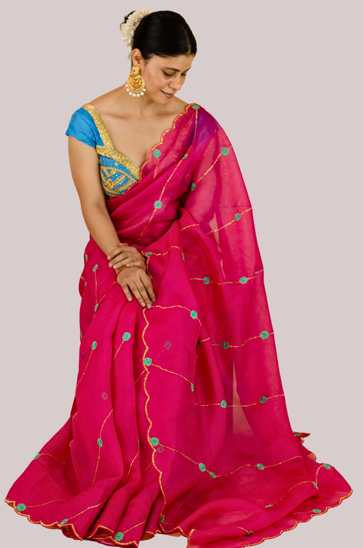 Sequence & Resham thread Hand Embroidered Handloom Organza Silk Saree.