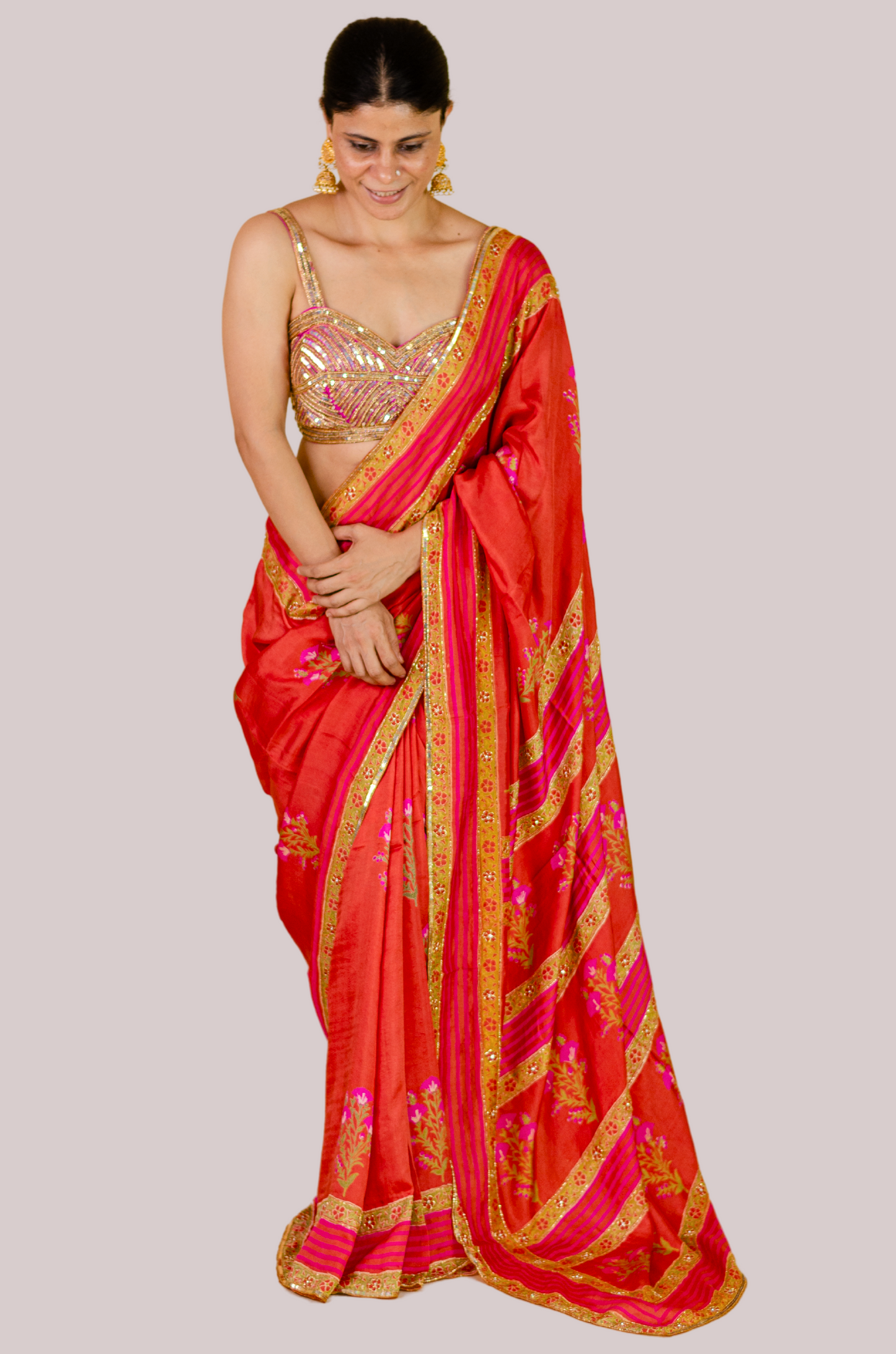 Handloom Hand Block Printed & Hand Embroidered Mulberry Silk Saree