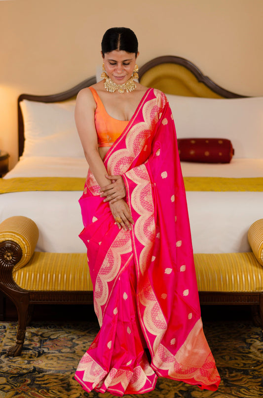 Rani Pink Colour with Gold Jari Mix Texture Colour Handwoven Kadwa Katan Silk Banarasi Saree