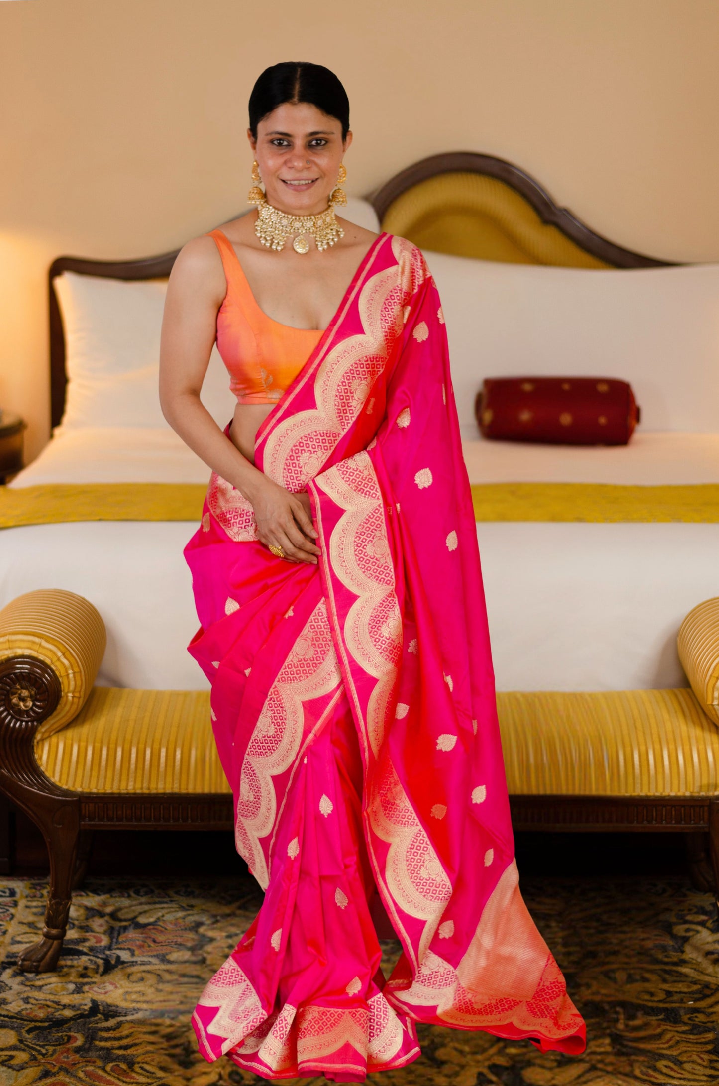 Rani Pink Colour with Gold Jari Mix Texture Colour Handwoven Kadwa Katan Silk Banarasi Saree