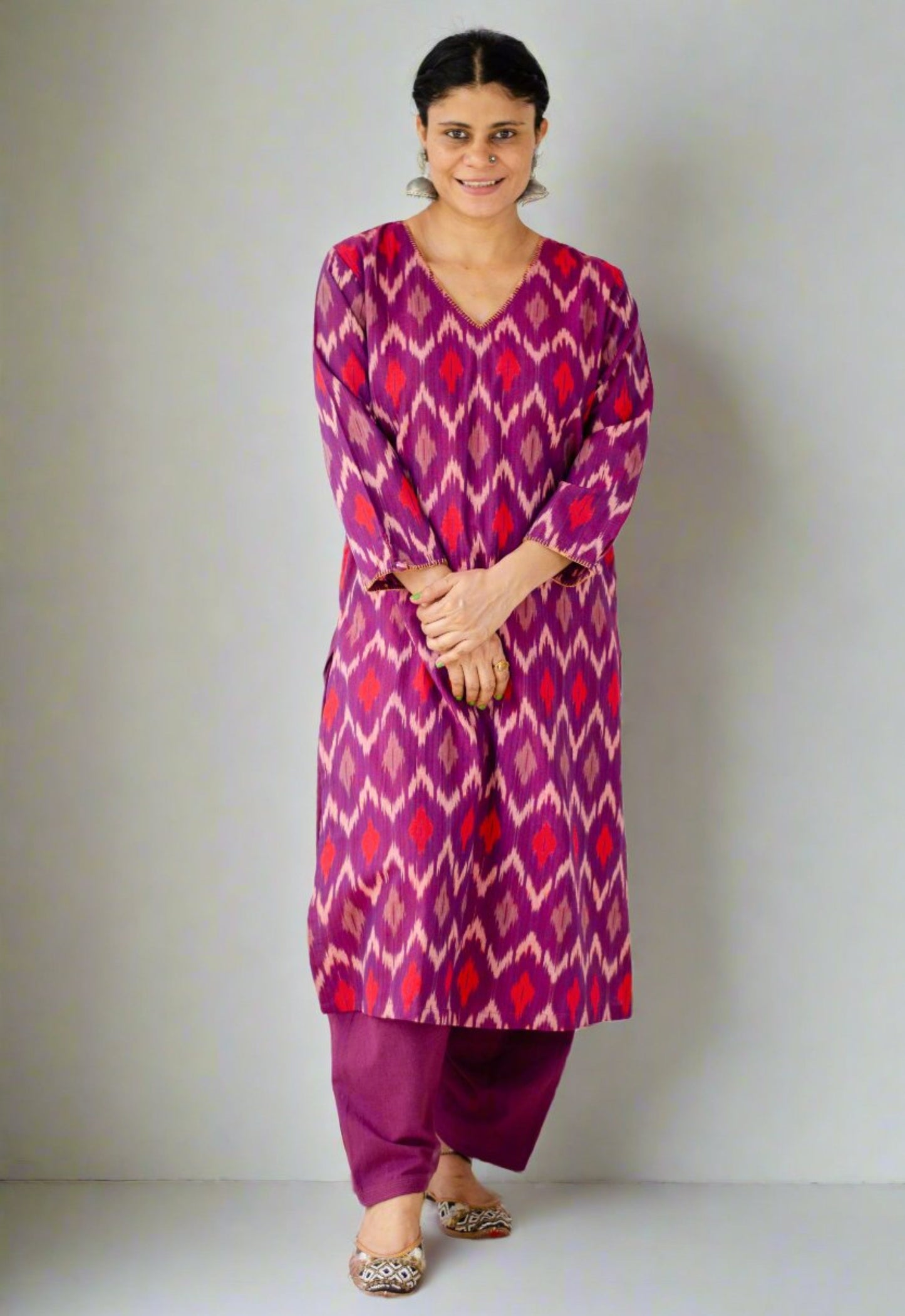 Handloom ikat straight cut kurta with handwoven cotton salwar set.