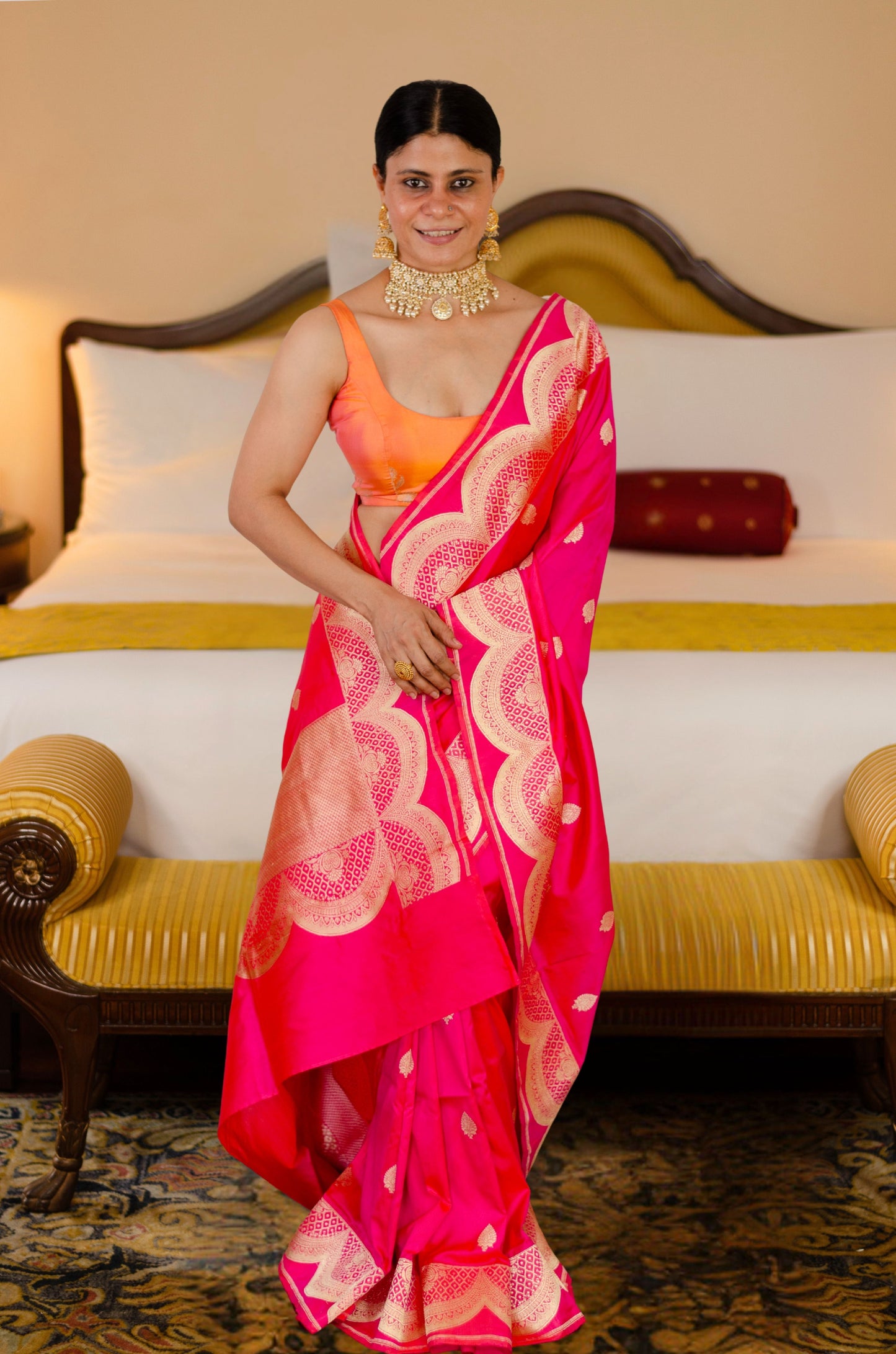 Rani Pink Colour with Gold Jari Mix Texture Colour Handwoven Kadwa Katan Silk Banarasi Saree