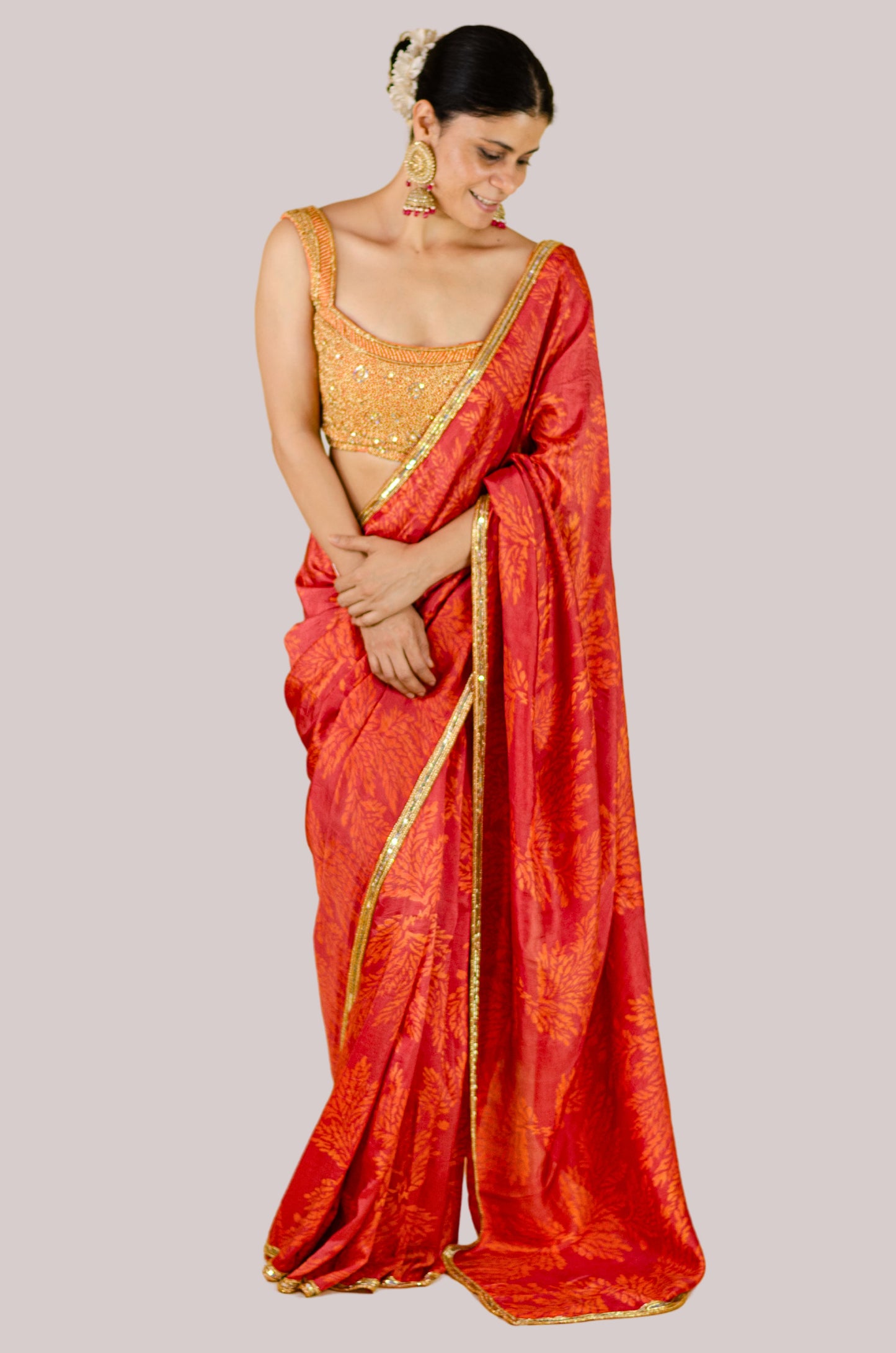 Handloom Hand Block Printed & Hand Embroidered Mulberry Silk Saree